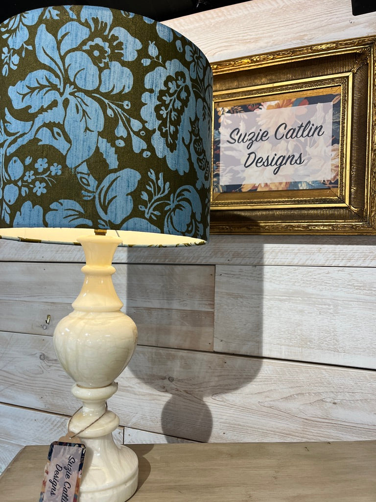 Alabaster lamp with handmade faux silk shade -suzie-catlin-designs