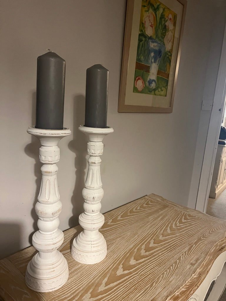 A pair of white rustic candle holders -suzie-catlin-designs