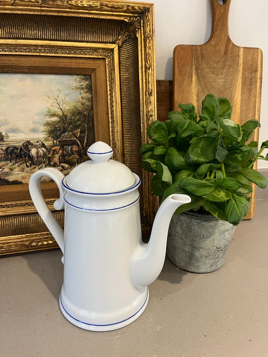 White Bareuther 1970’s Tea / Coffee pot with blue lines -suzie-catlin-designs