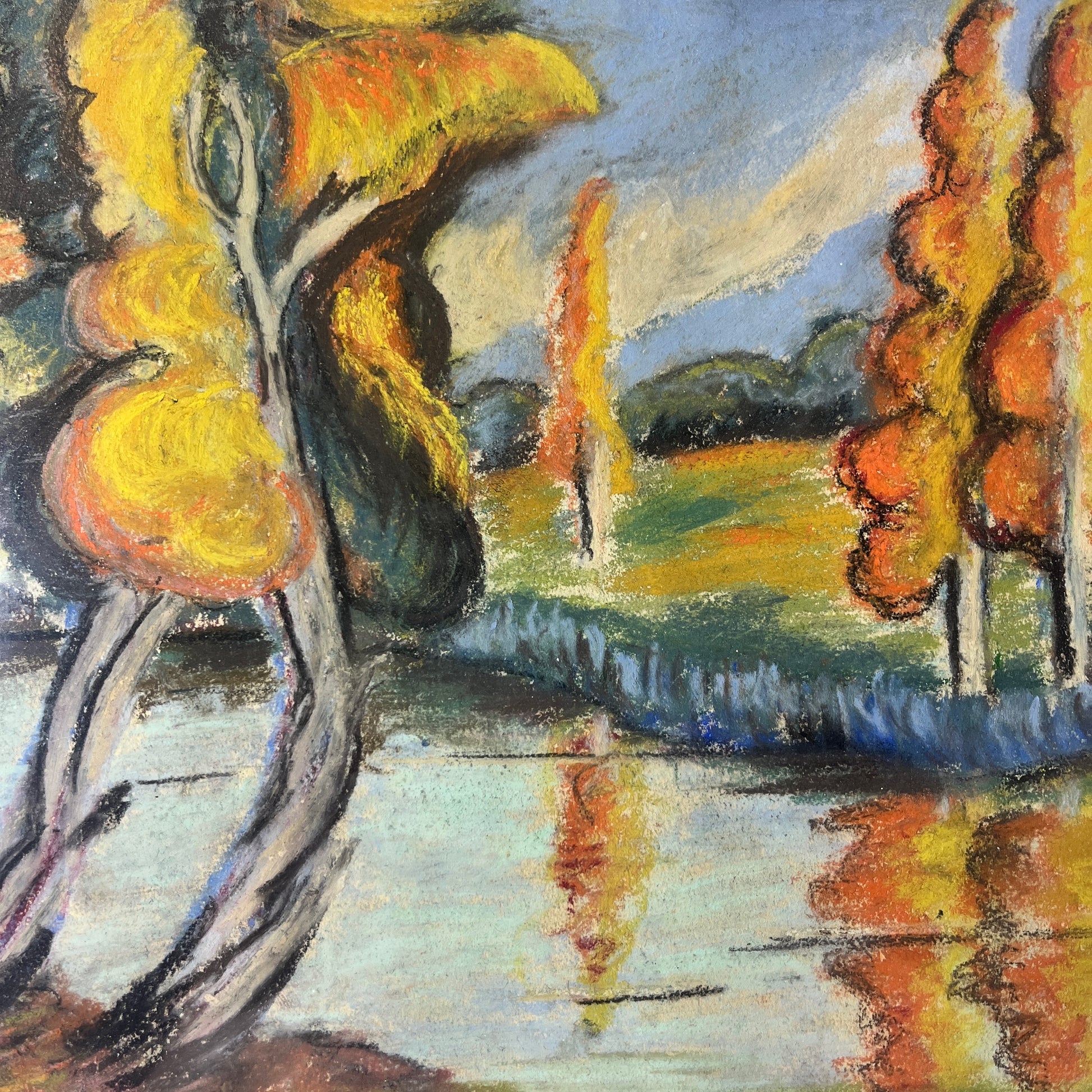 Autumn landscape with trees reflected in water, colorful painting style