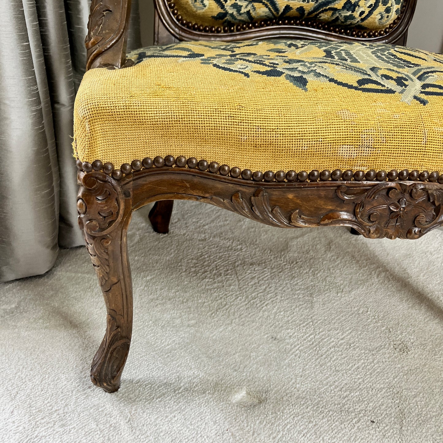 Antique French Chair in Yellow Tapestry