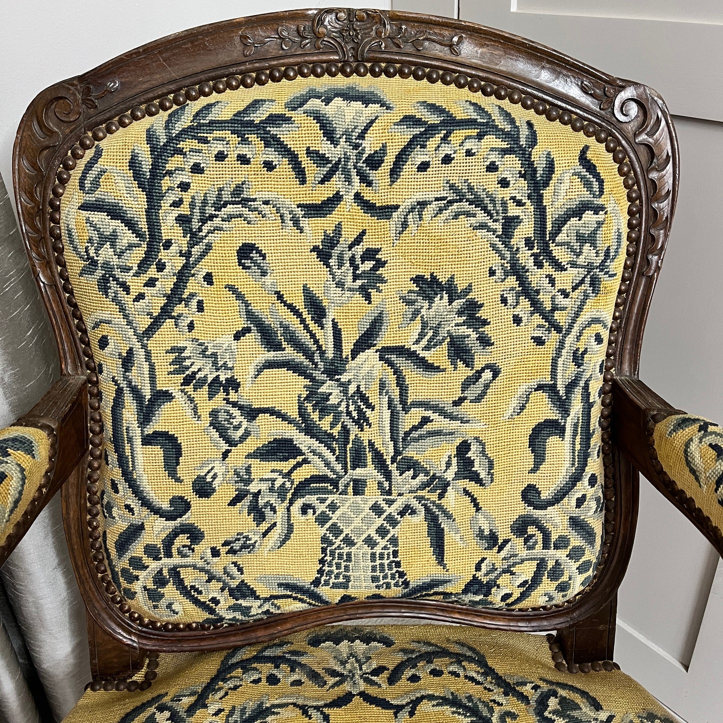 Antique French Chair in Yellow Tapestry
