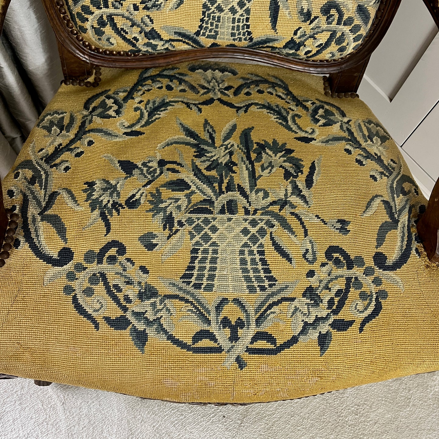 Antique French Chair in Yellow Tapestry