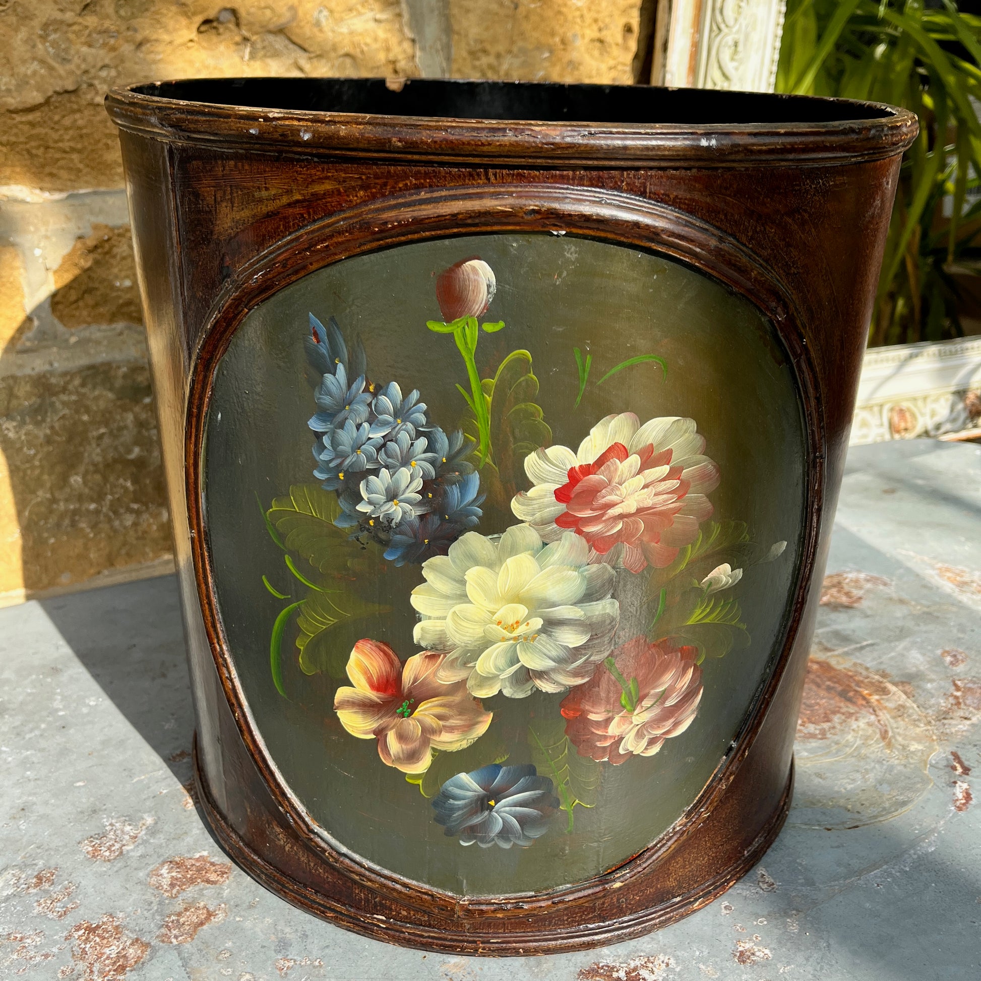 Vintage wooden tole-painted waste bin or walking stick holder with floral detailing; cylindrical shape with hand-painted decorative motifs