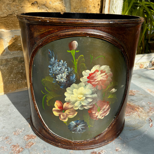 Vintage wooden tole-painted waste bin or walking stick holder with floral detailing; cylindrical shape with hand-painted decorative motifs