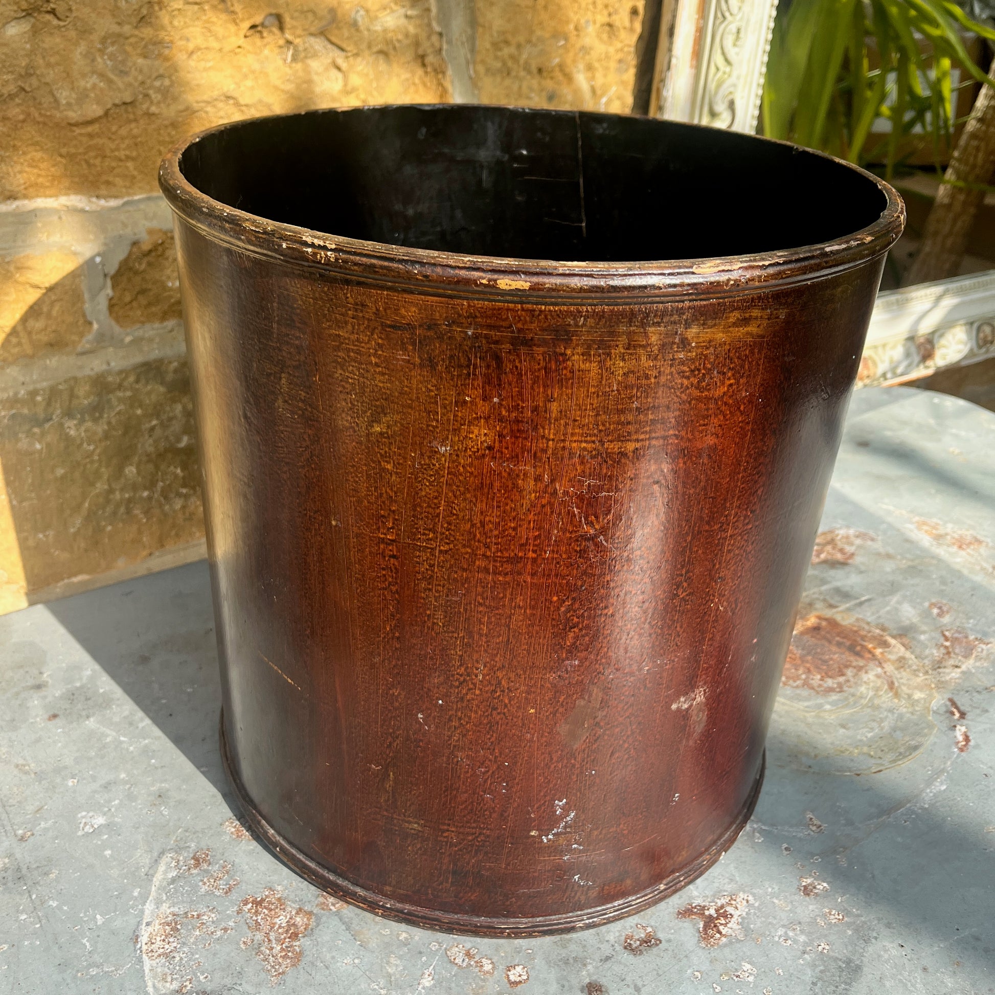 Vintage wooden tole-painted waste bin or walking stick holder with floral detailing; cylindrical shape with hand-painted decorative motifs
