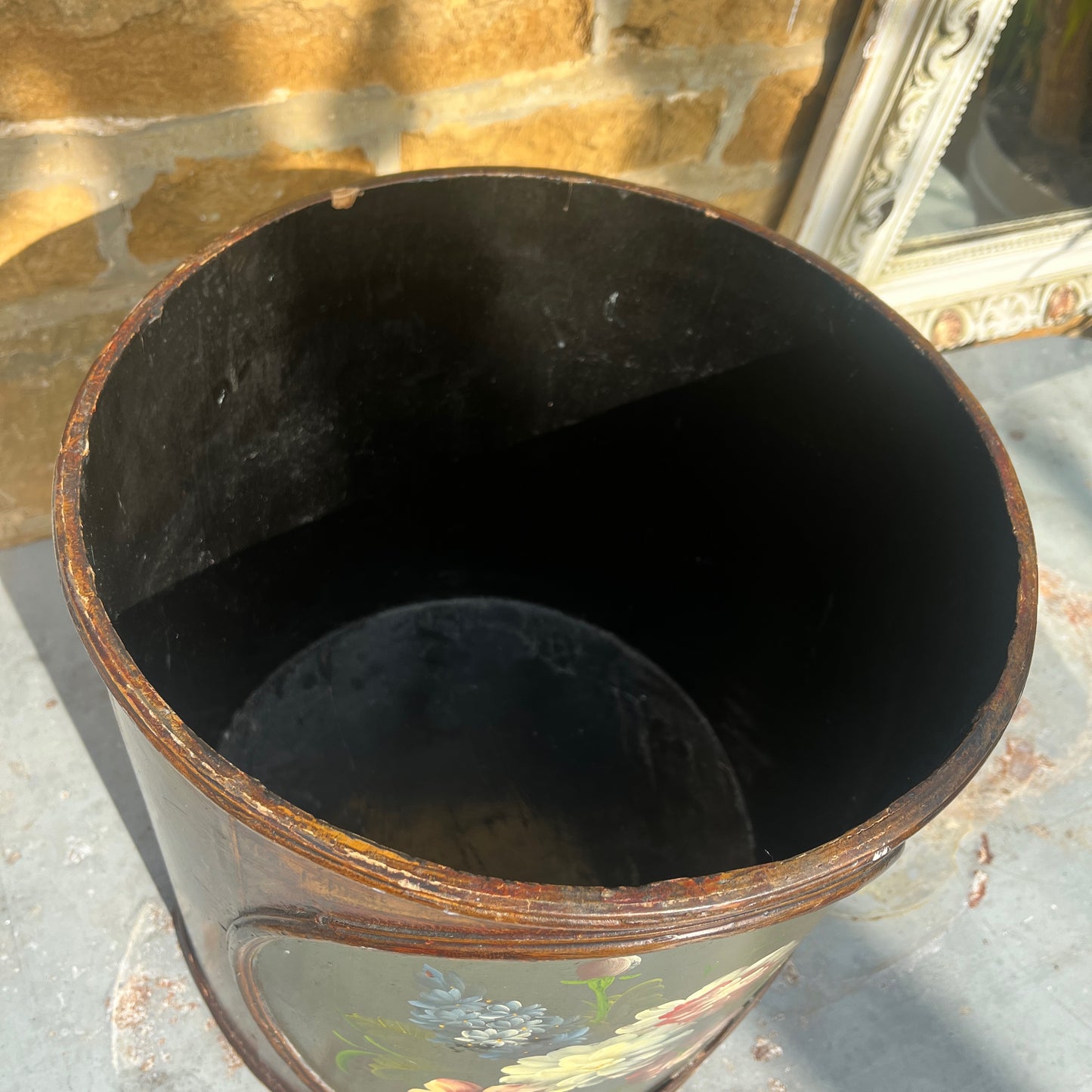 Vintage wooden tole-painted waste bin or walking stick holder with floral detailing; cylindrical shape with hand-painted decorative motifs