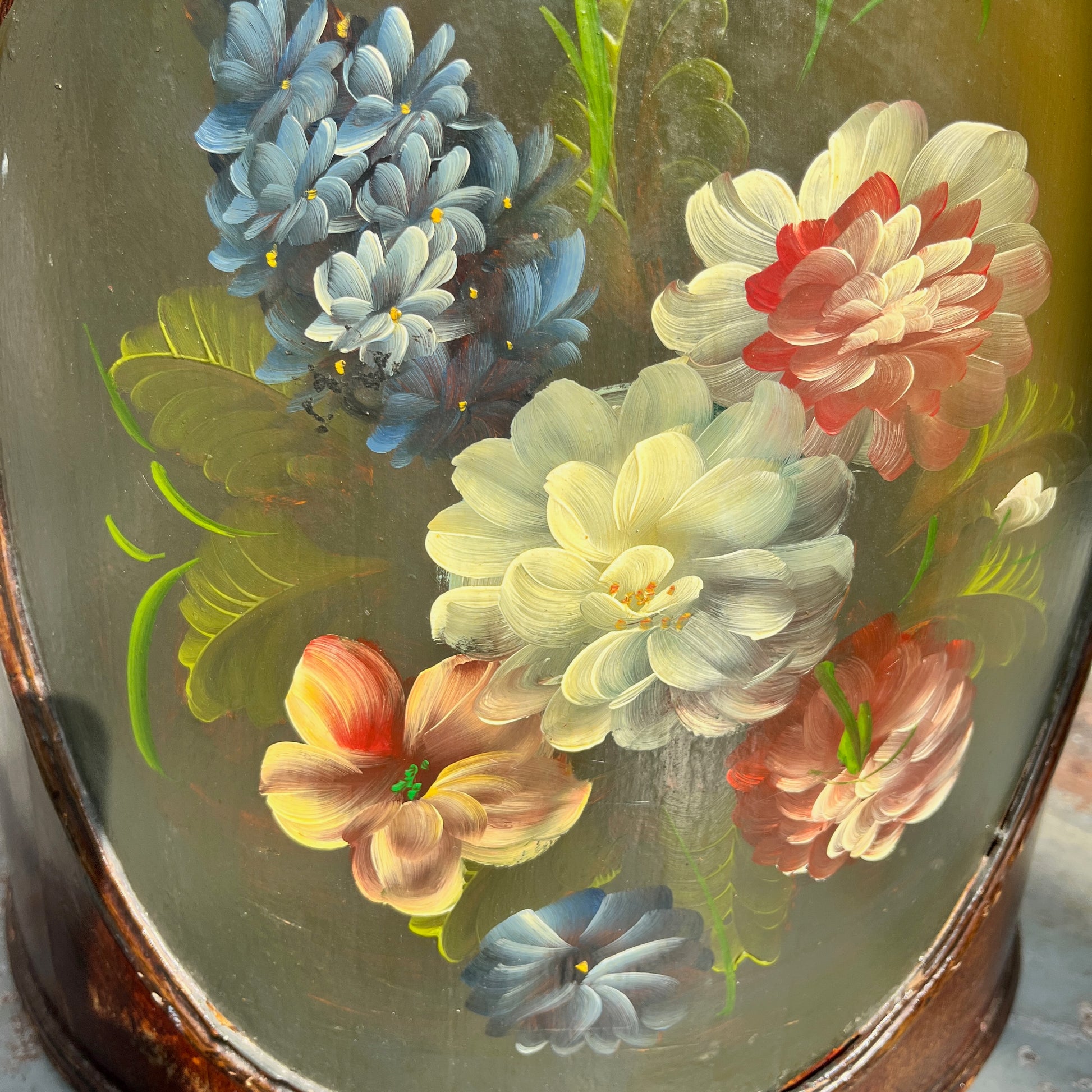 Vintage wooden tole-painted waste bin or walking stick holder with floral detailing; cylindrical shape with hand-painted decorative motifs