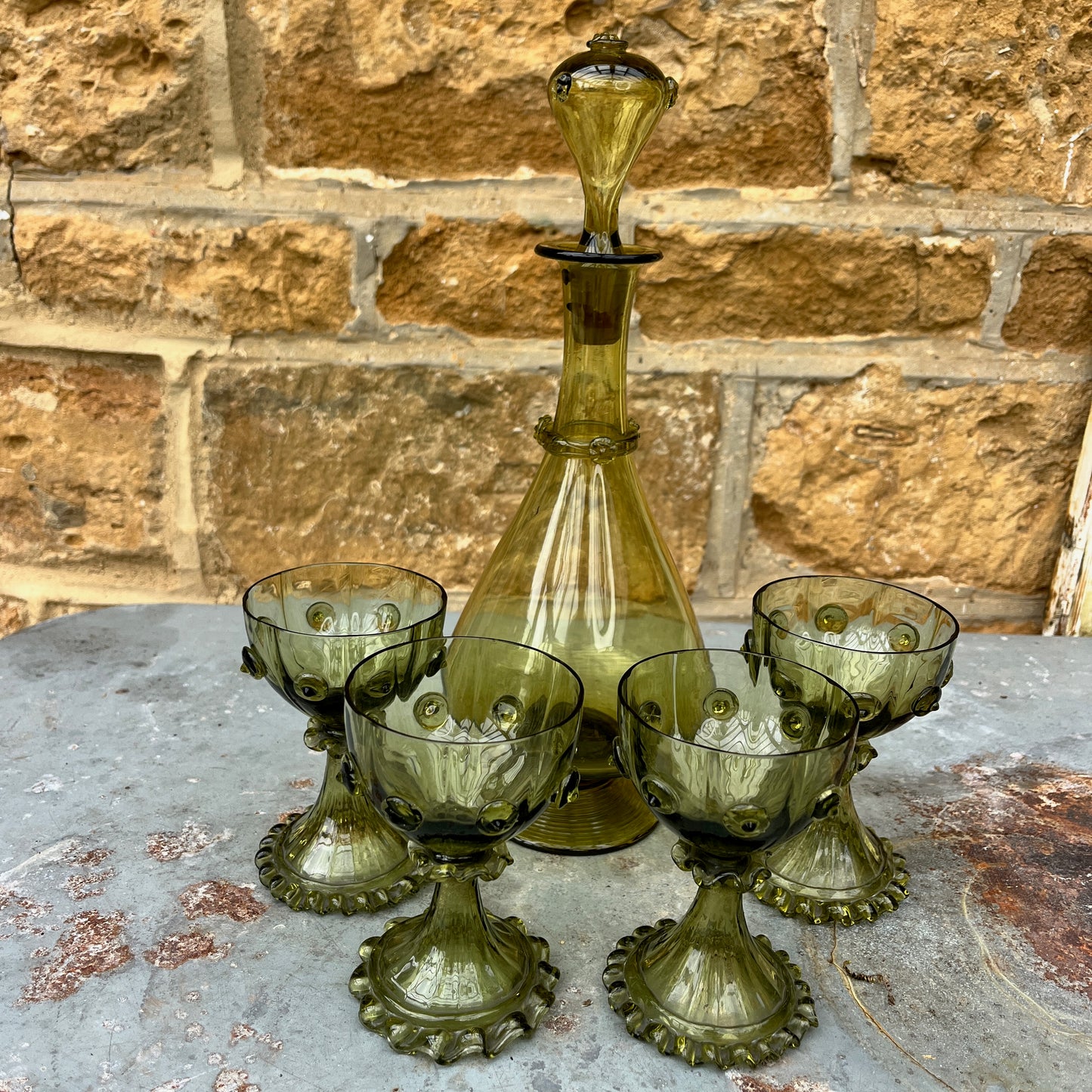 Set of green glass decanter and goblets