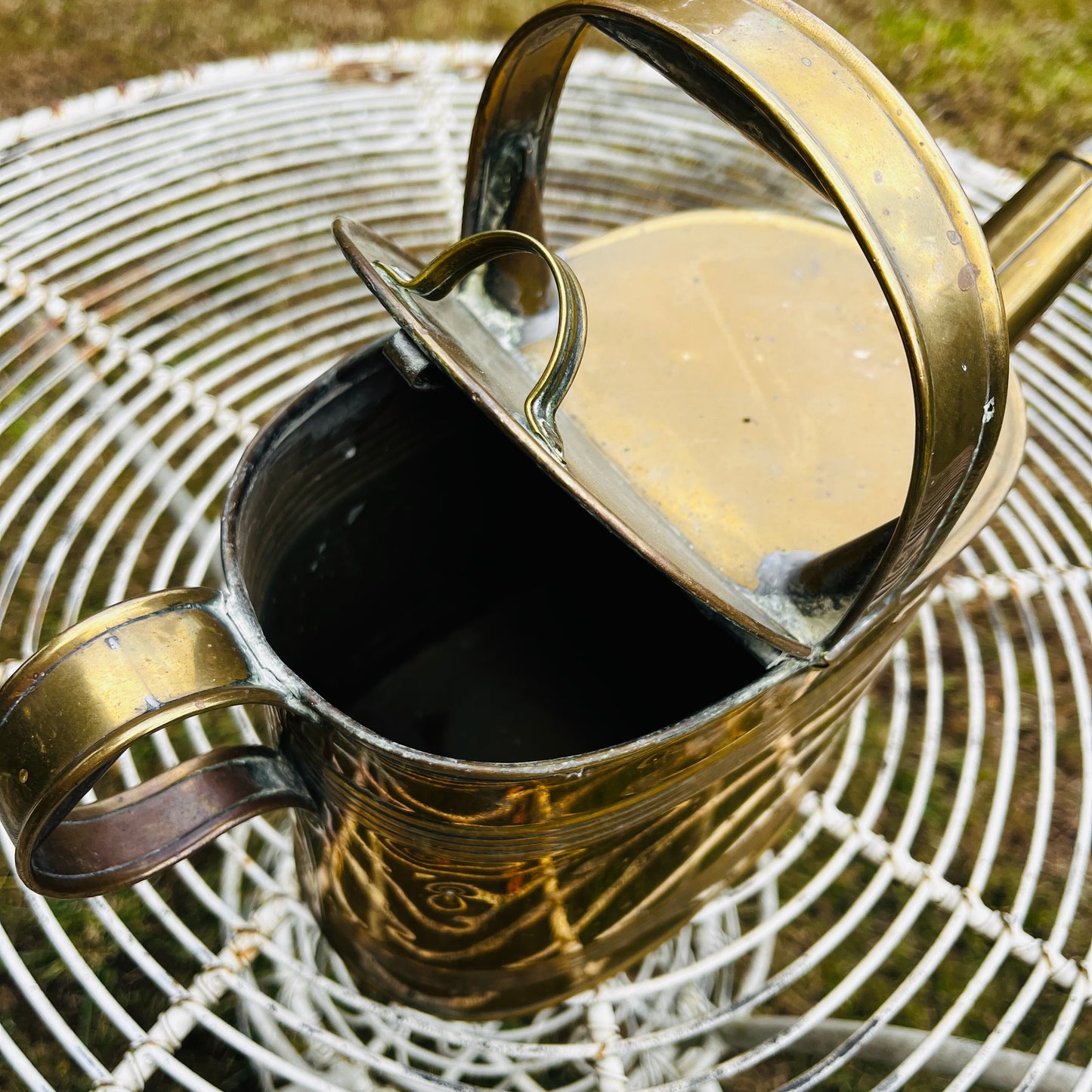 Antique Brass Watering Can with Decorative Banding & Arched Handle