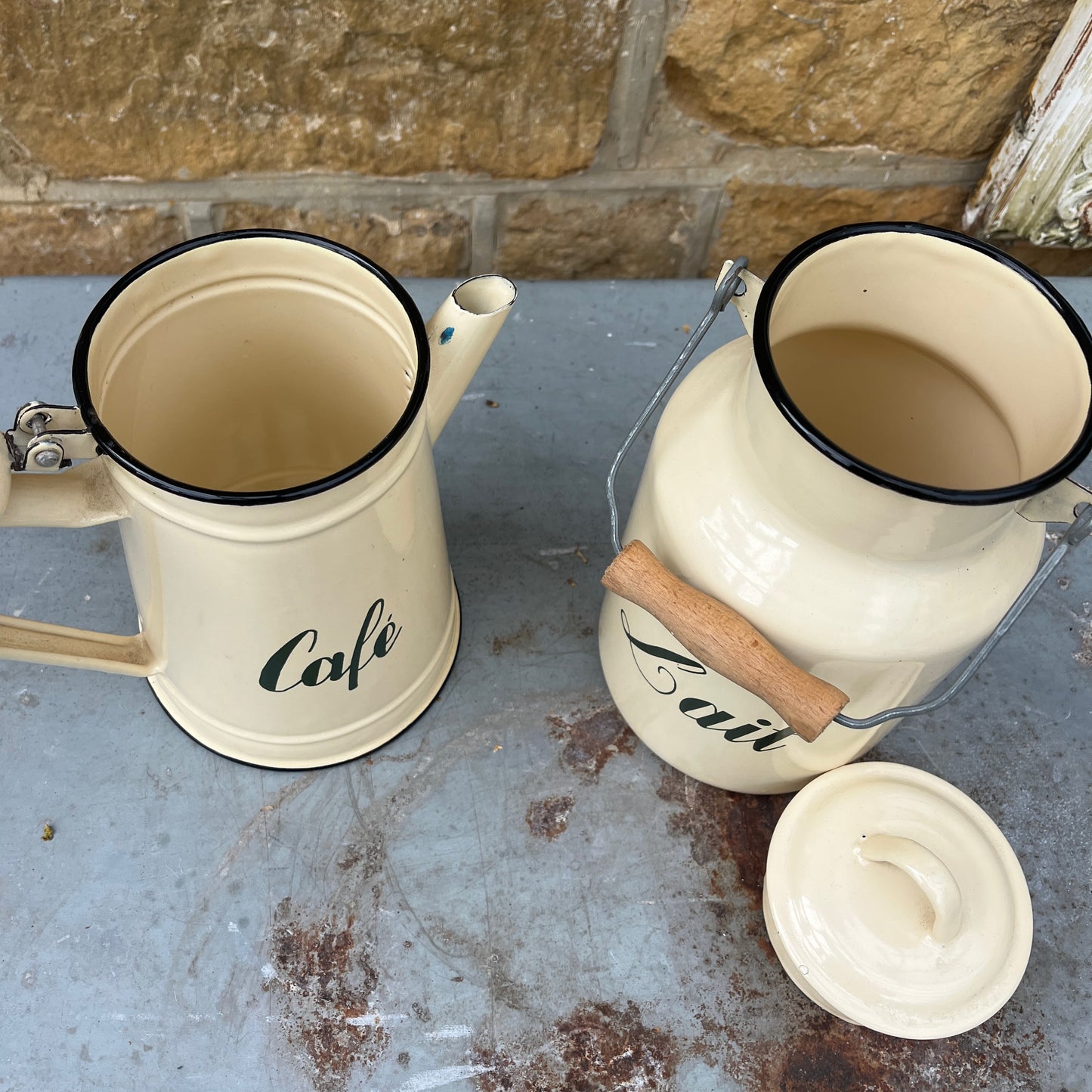 Vintage Enamel Cafe and Lait Kitchen Containers