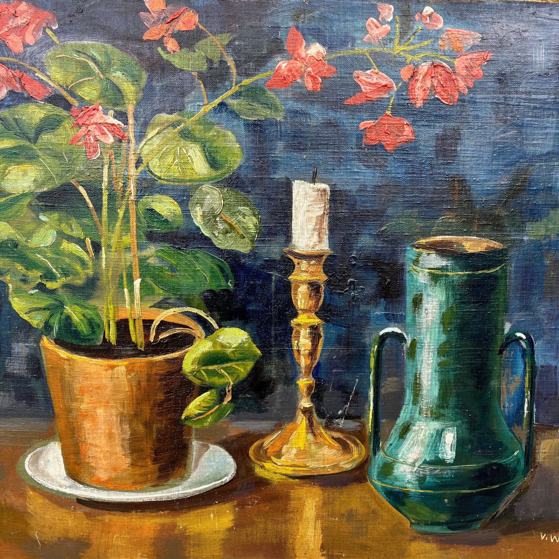 An oil on board still life depicting a cluster of vibrant French geraniums in red  hues, arranged with a classic candle and drinking vessel. The composition is set against a rich blue background, with textured brushstrokes adding depth, and exuding charming, and rustic elegance