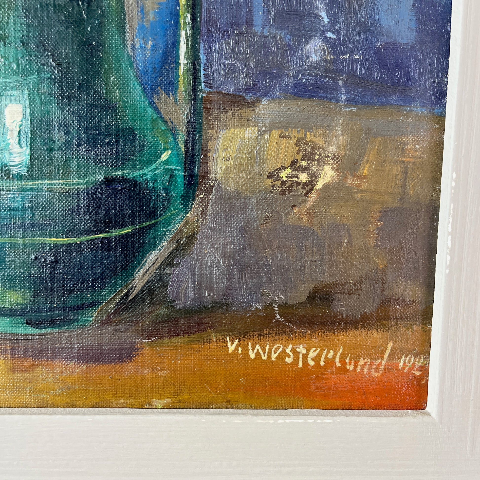 Abstract painting with a green bottle and textured background, signed 'V. Westerlund 1992'.