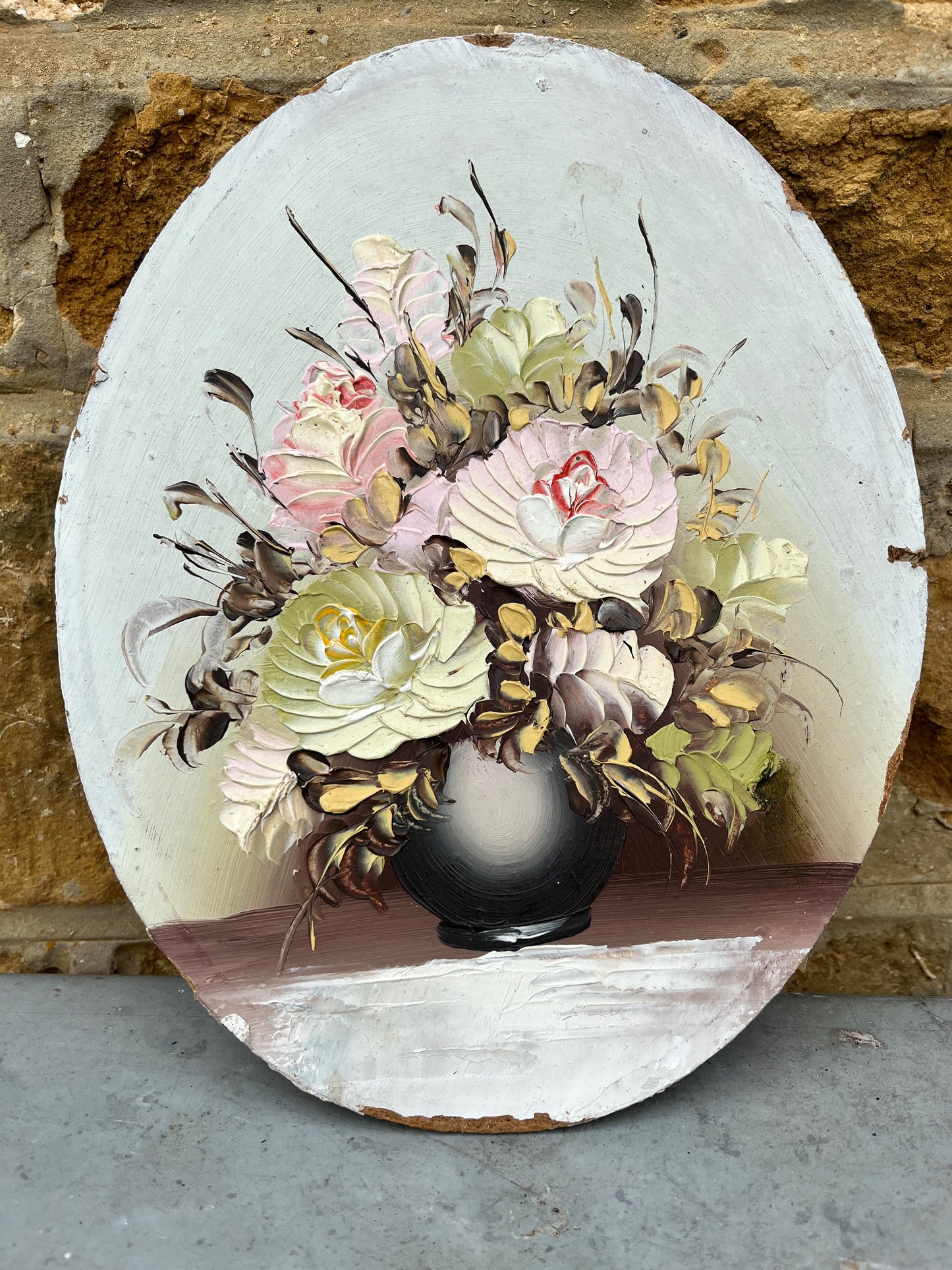 Decorative oil on board French of still life - flowers in a grey vase