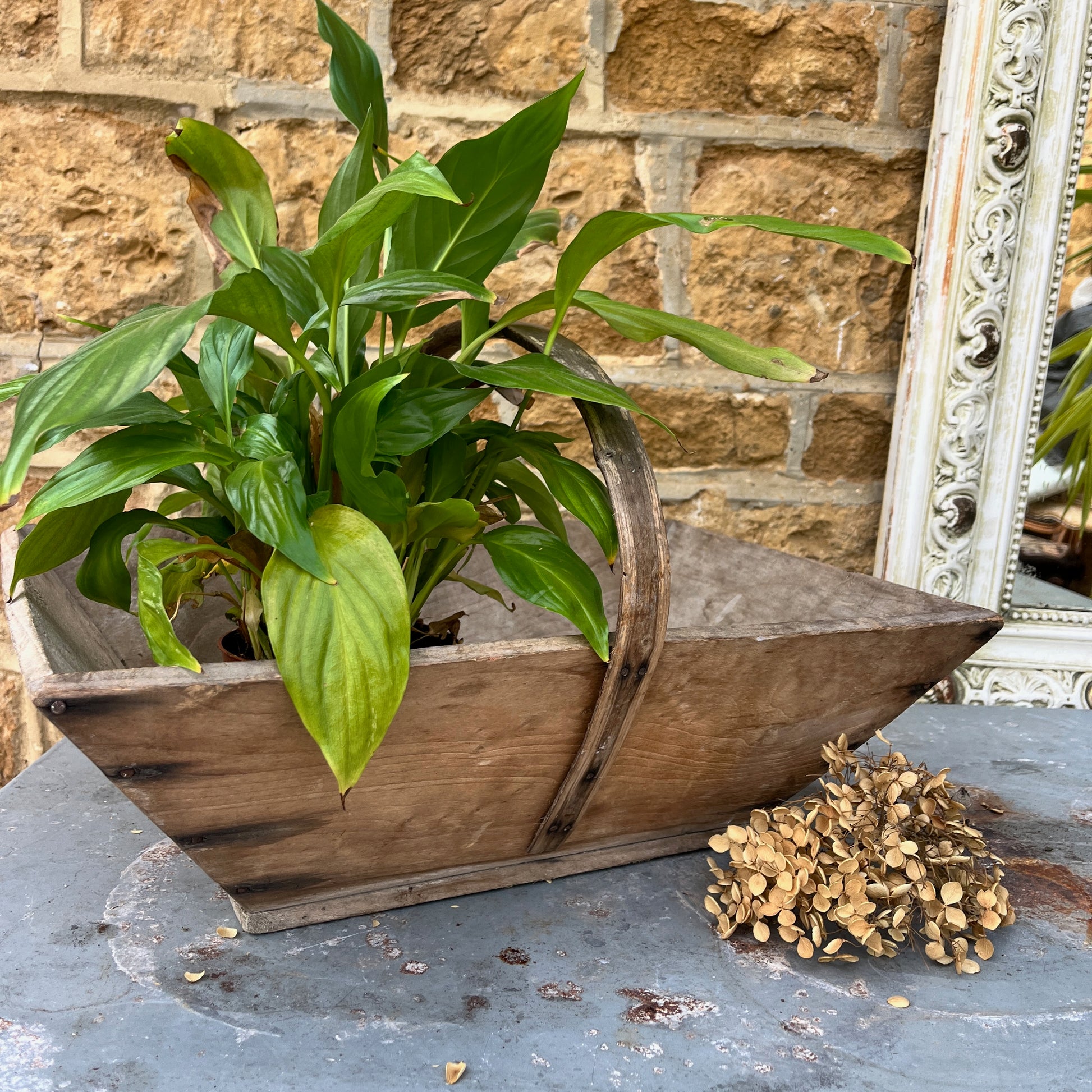 A vintage wooden French trug, featuring a shallow, rectangular shape with a sturdy central handle. The trug has a weathered, natural finish,  exuding classic gardening charm