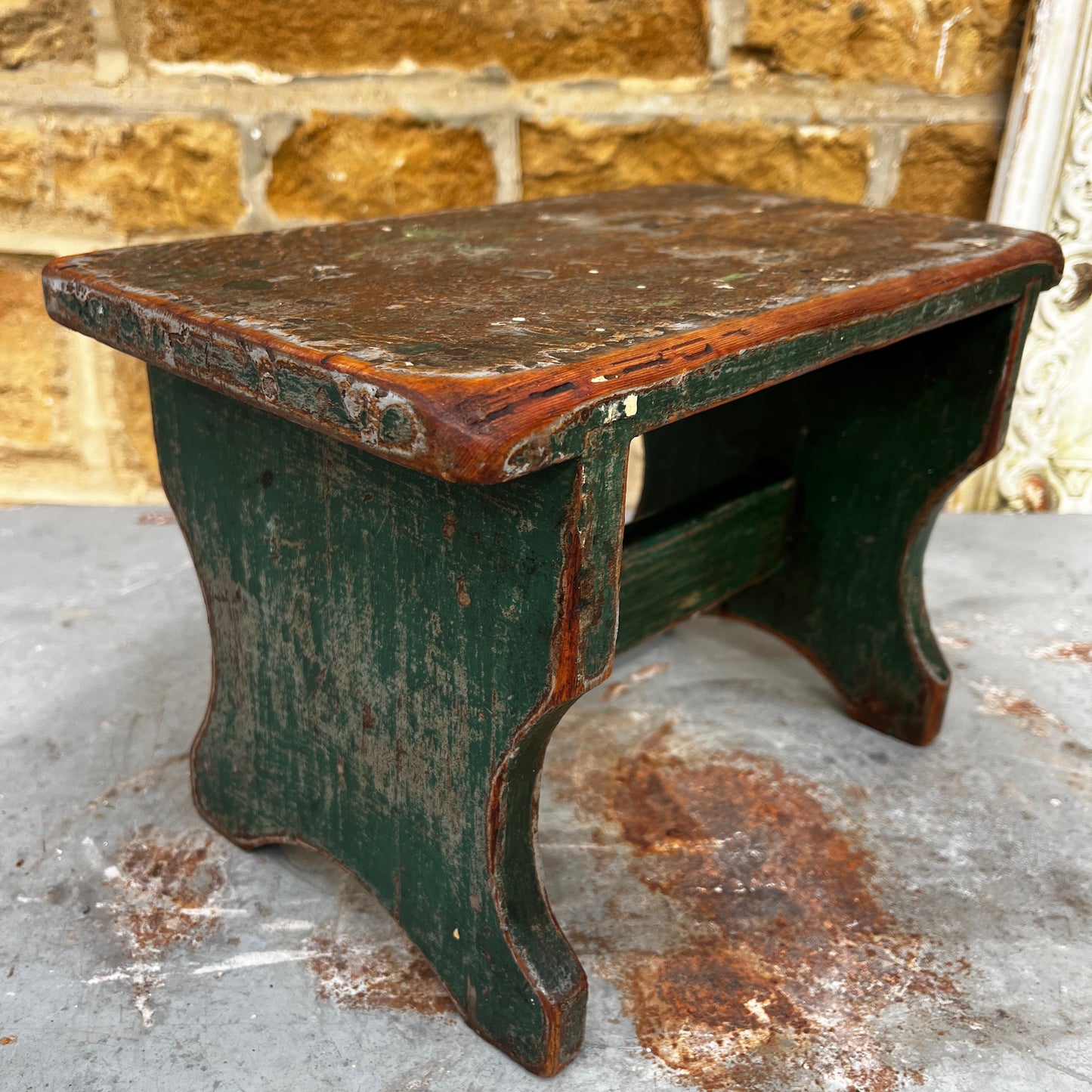 Vintage Stool Distressed in Dark Green and Grey