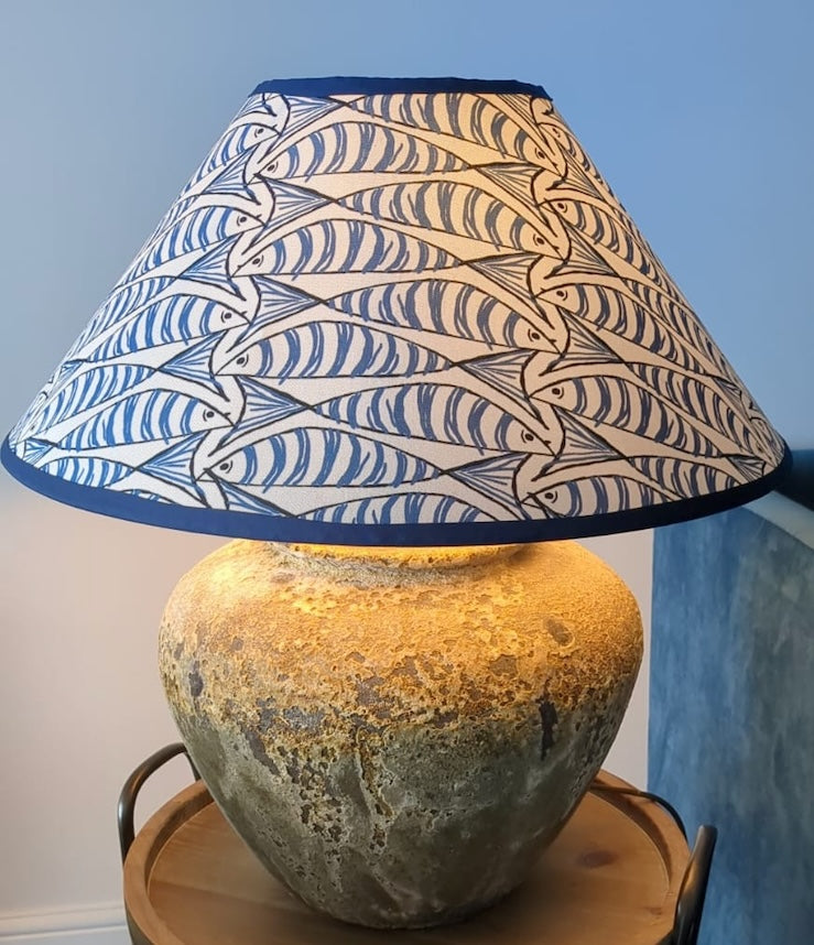 Unique handmade lampshade featuring a blue mackerel design, crafted with intricate detail and vibrant colours to add a coastal touch to any room