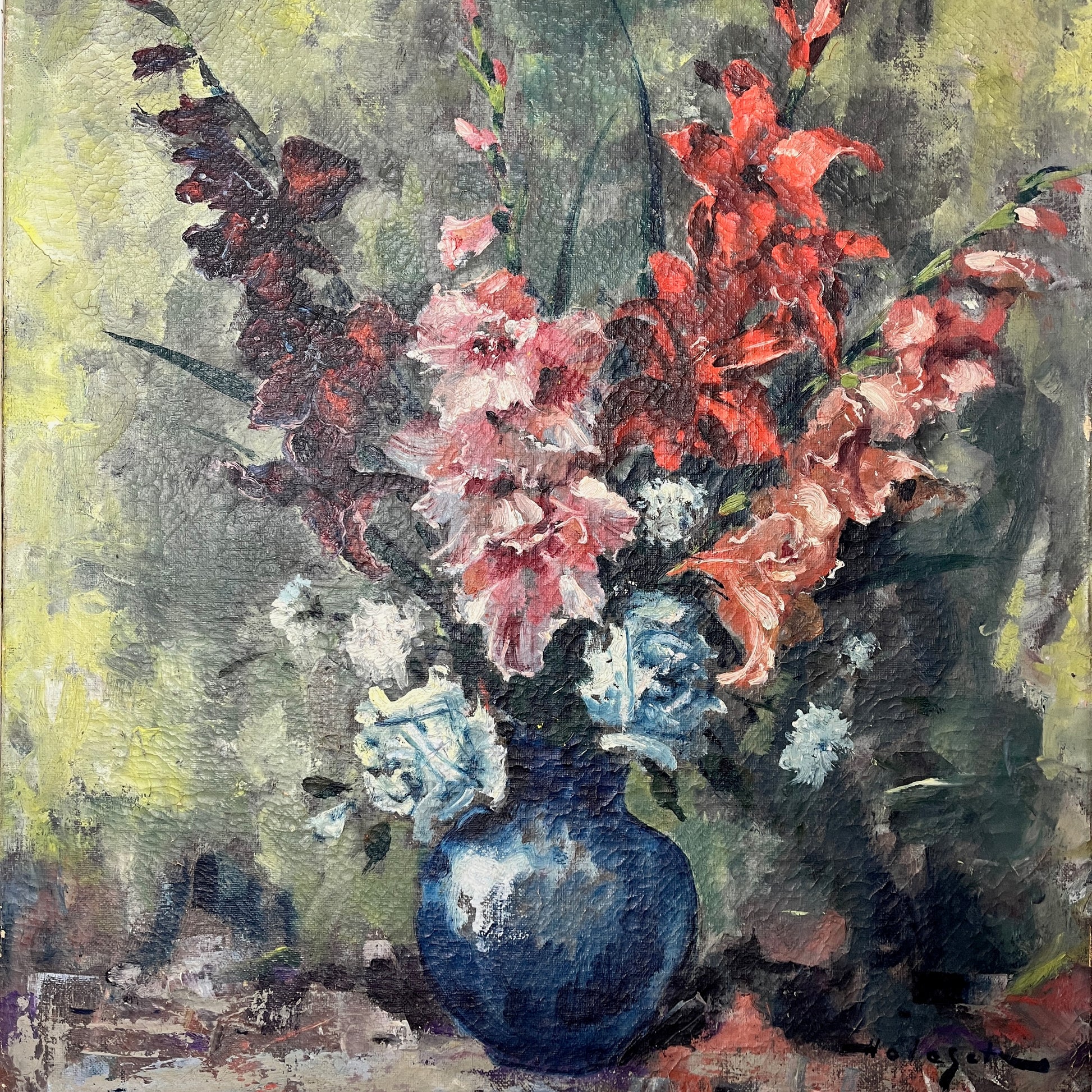 Oil on canvas still life painting of flowers in a vase, featuring rich, vibrant colors, set in an ornate vintage wooden frame. Artwork signed by Hungarian painter Denes de Holesch