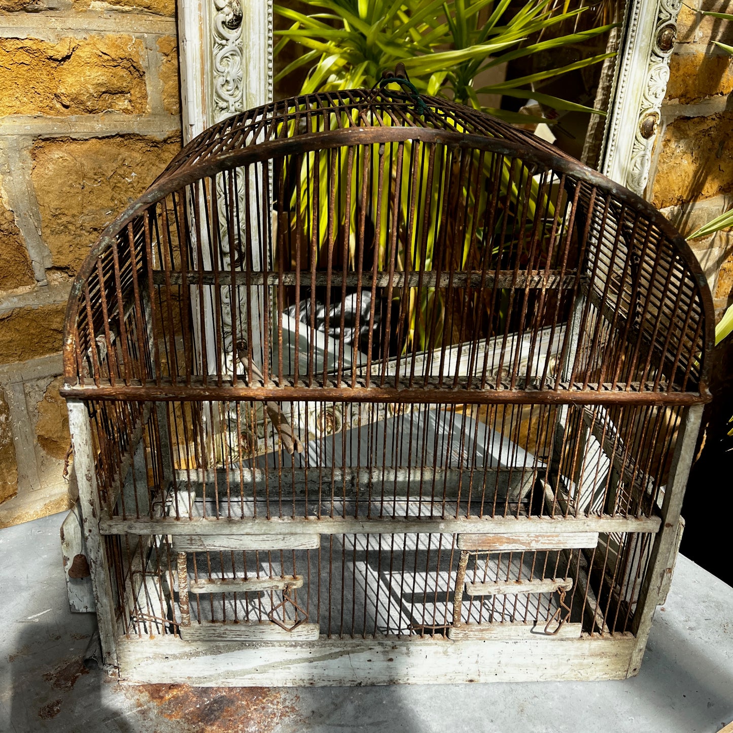Large Vintage Metal & Wood Arched-Top Birdcage