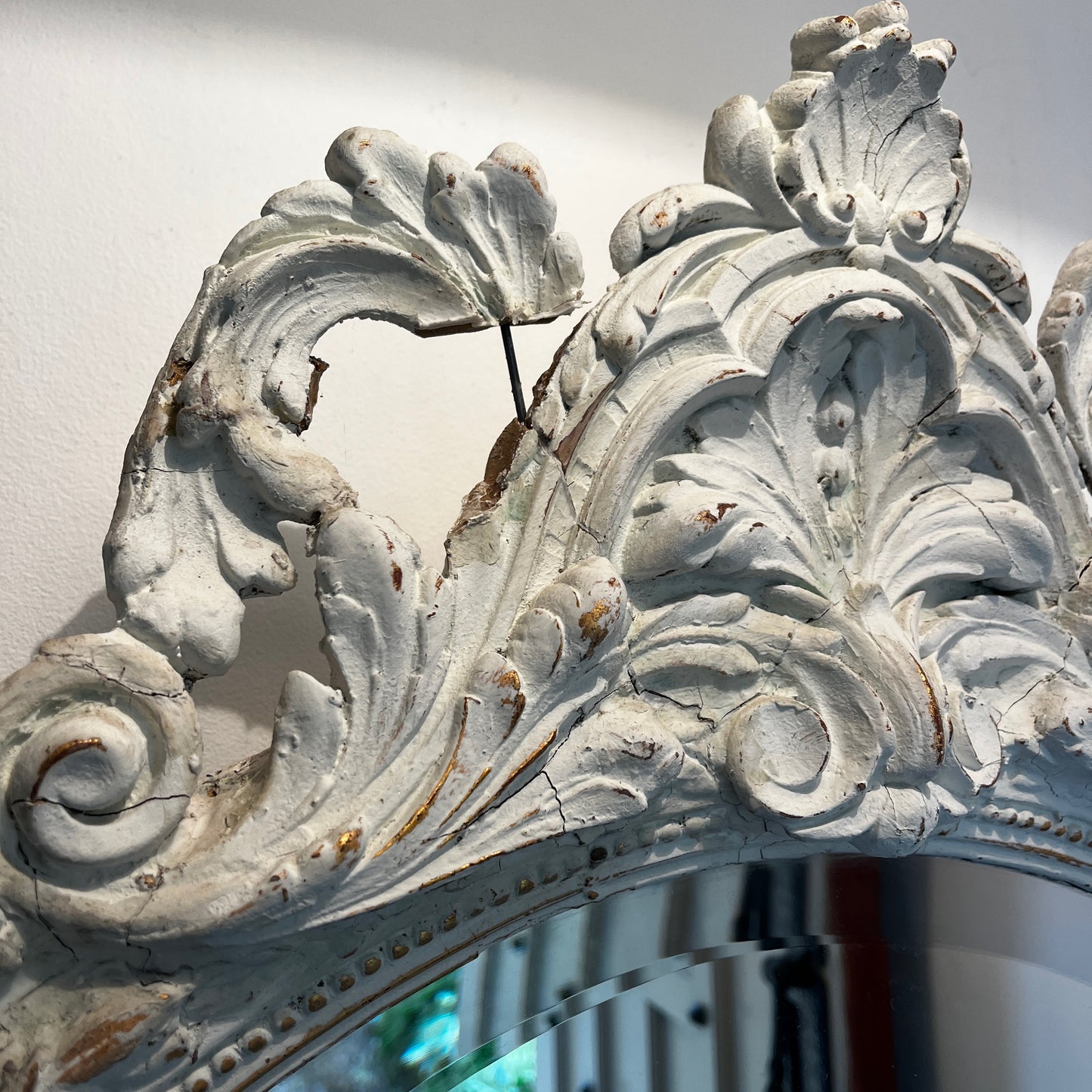 Large Vintage Ornate Oval Bevelled Mirror with White Carved Frame