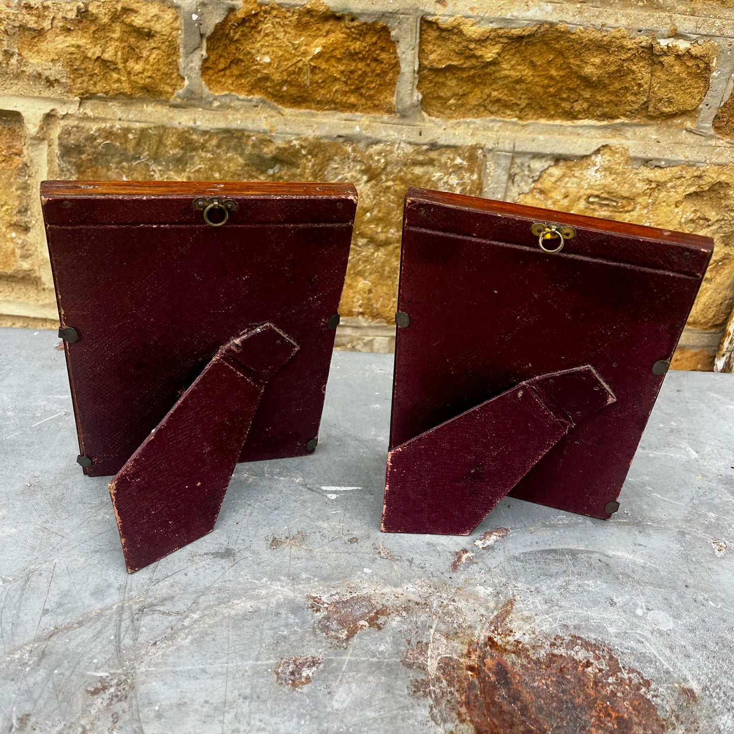 Pair of vintage marquetry picture frames featuring decorative inlaid wood patterns and a warm, polished finish.