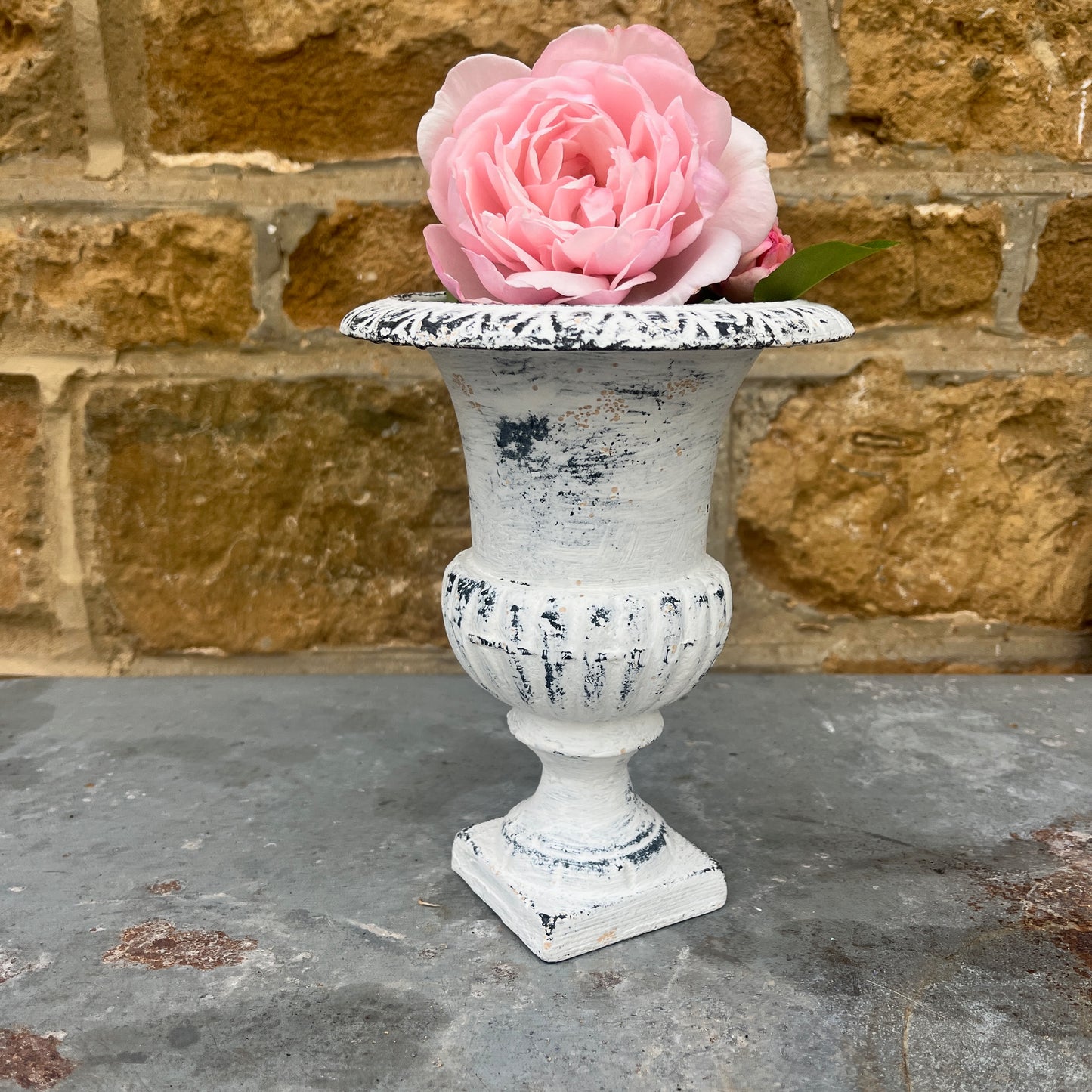 Vintage French metal urn white washed and distressed