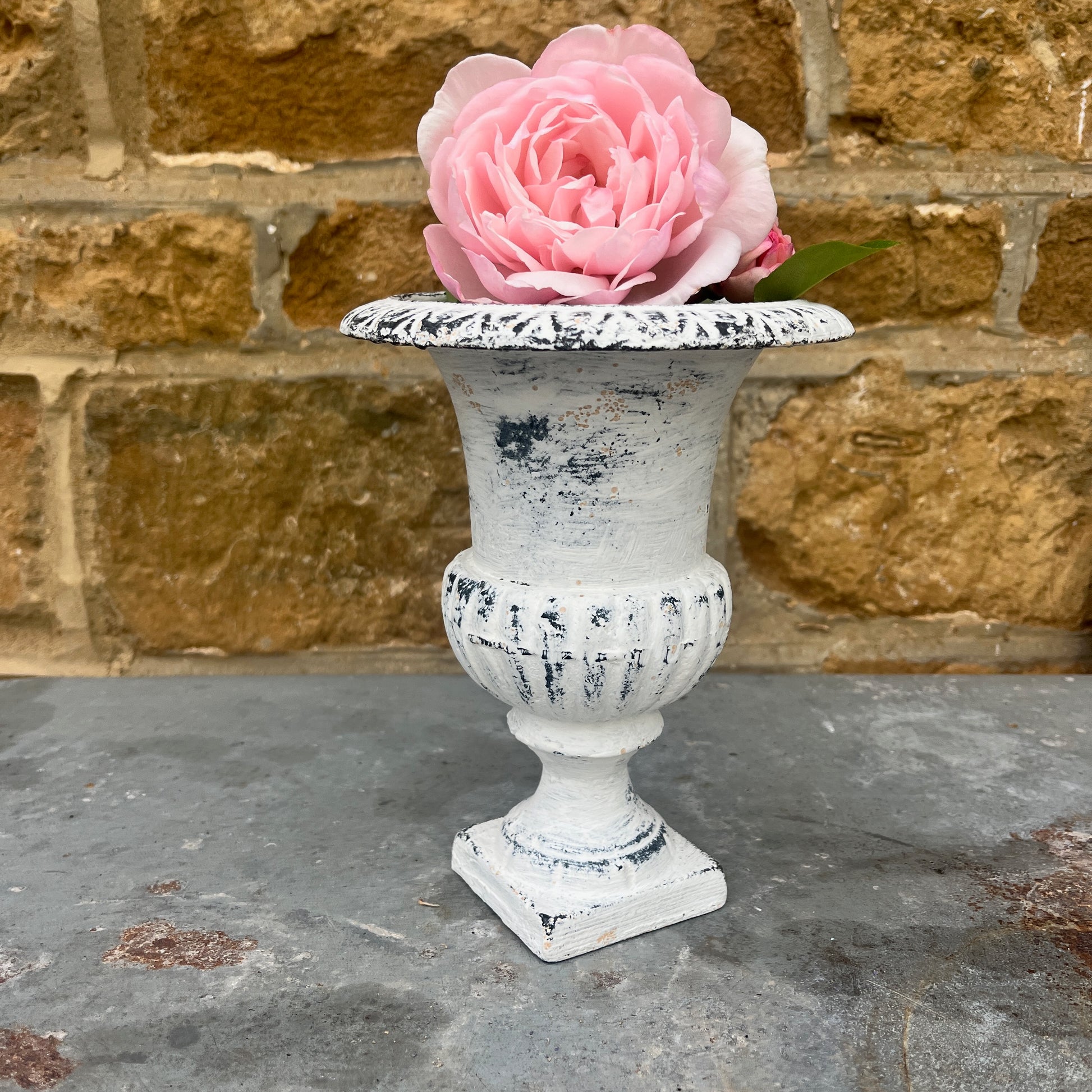 Vintage French metal urn white washed and distressed