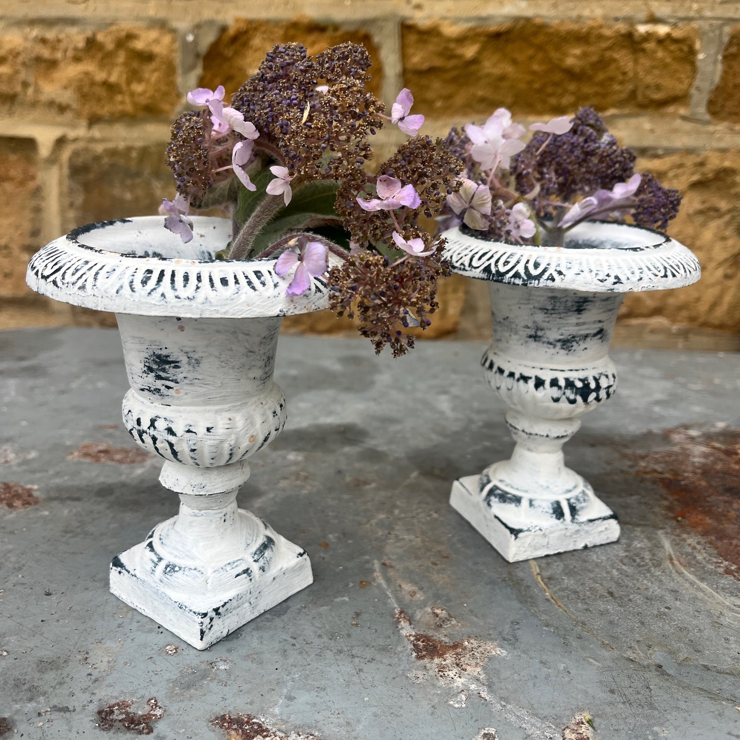 Vintage French metal urn white washed and distressed