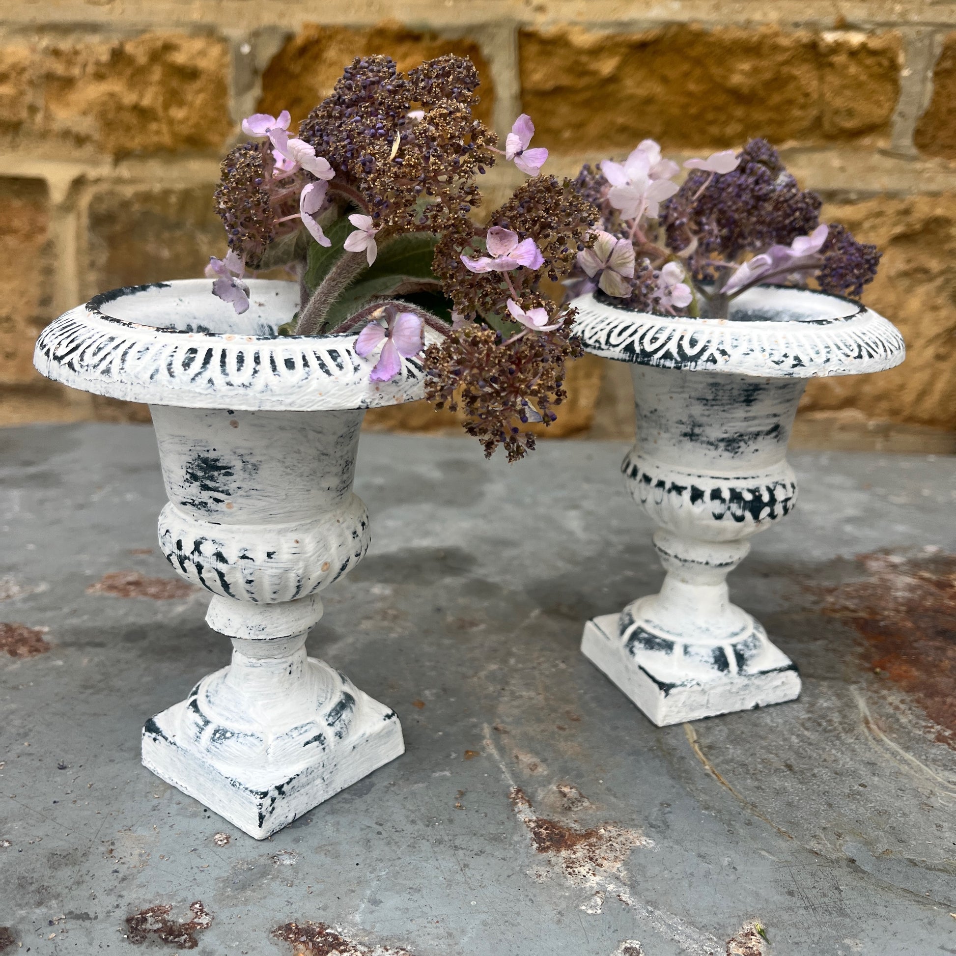 Vintage French metal urn white washed and distressed