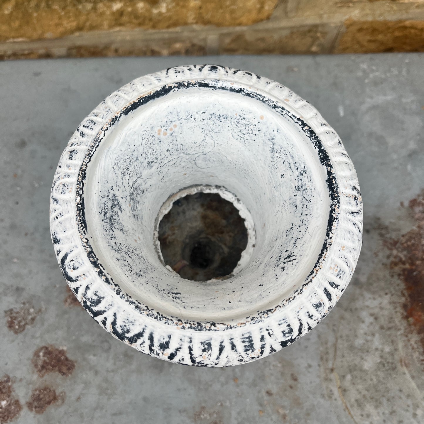 Vintage French metal urn white washed and distressed