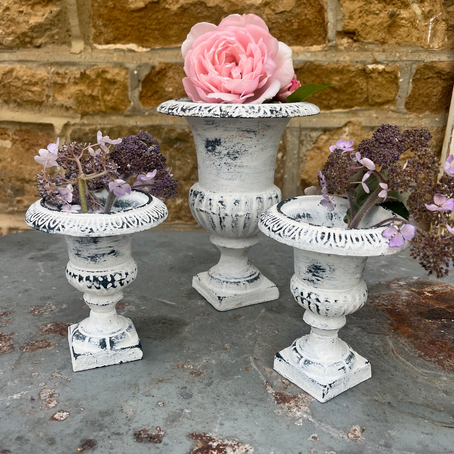 Vintage French metal urn white washed and distressed