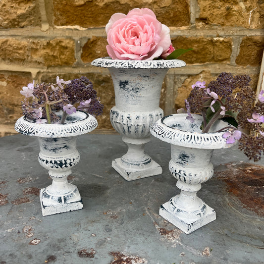 Vintage French metal urn white washed and distressed