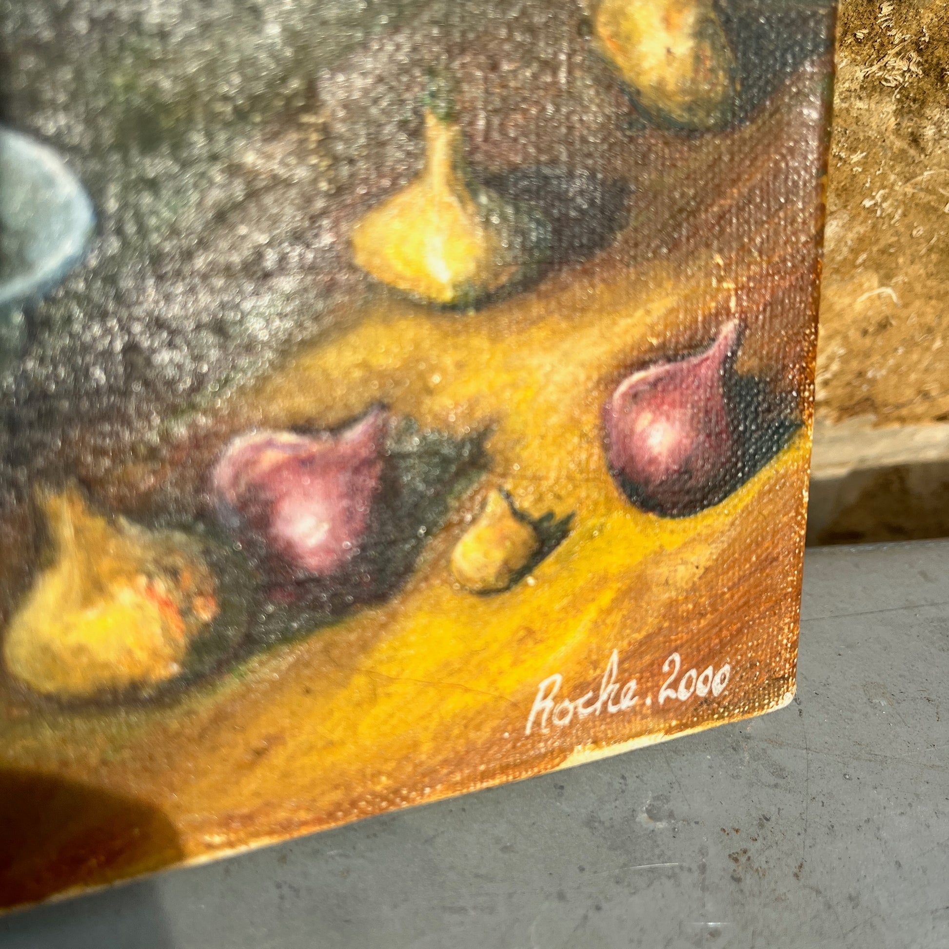 Small painting of a still life with a bowl and garlic on a textured surface