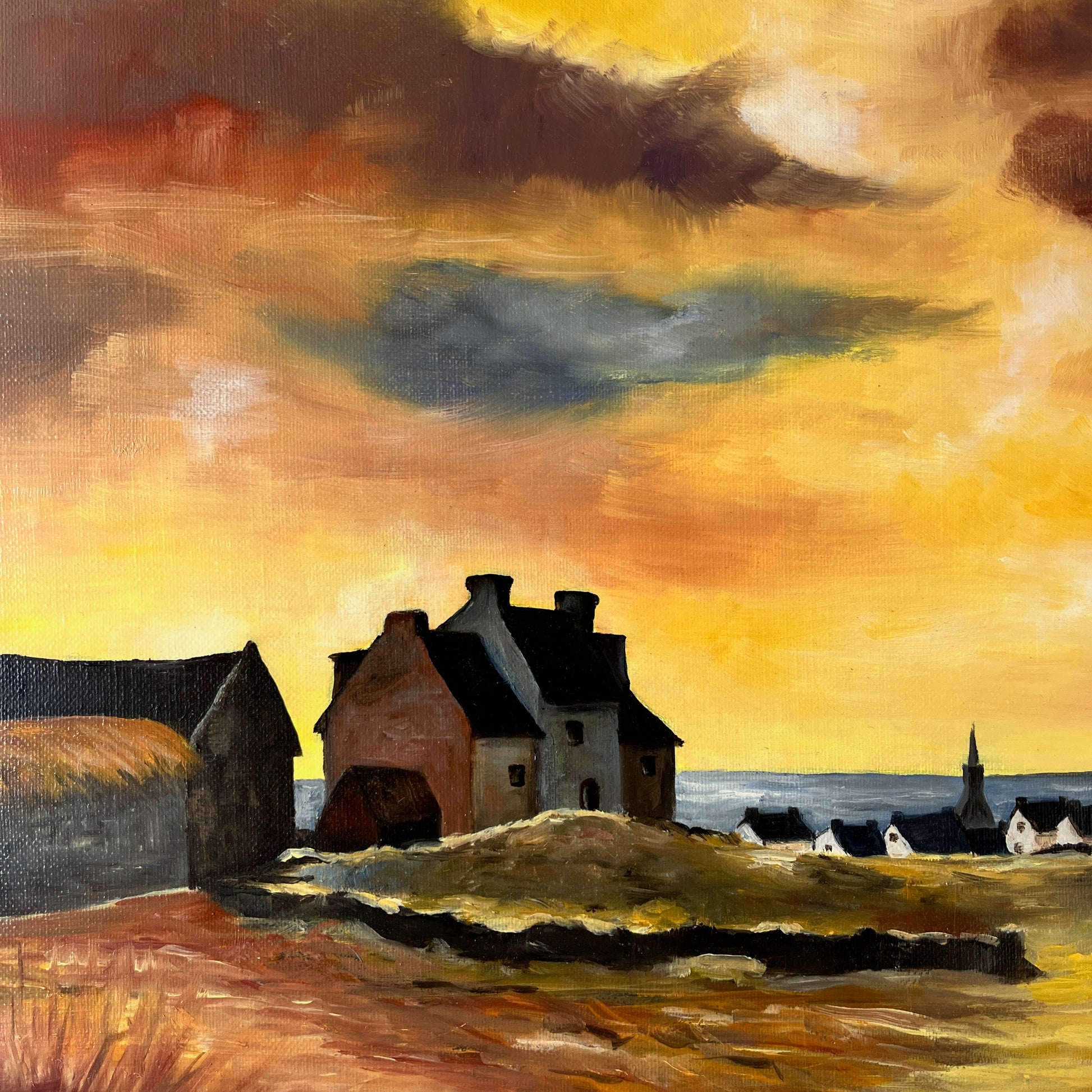 An oil on canvas painting depicting a vibrant Brittany sunset, with warm hues of orange, yellow, and blue blending into the horizon over a calm sea.