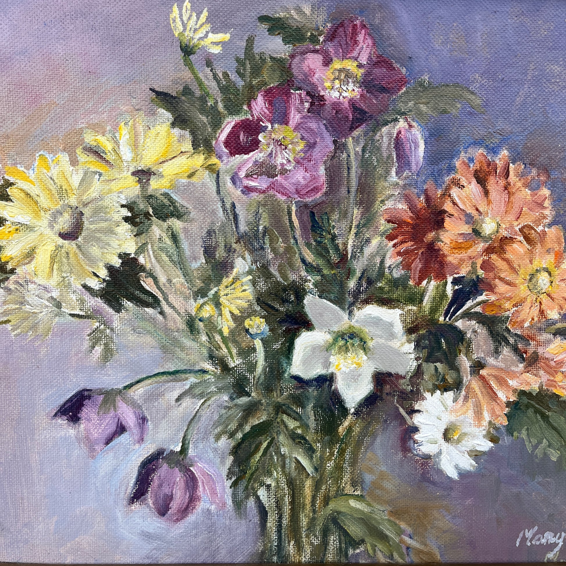 An oil on canvas painting by Mary Hogg, showcasing a vibrant arrangement of flowers with bold brushstrokes in shades of purple, yellow, orange and green. The floral composition, set against a soft, blurred background, exudes a lively, impressionistic charm