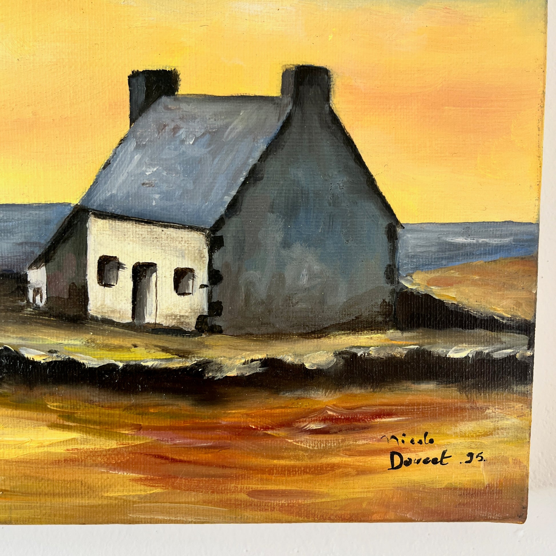 An oil on canvas painting depicting a vibrant Brittany sunset, with warm hues of orange, yellow, and blue blending into the horizon over a calm sea.