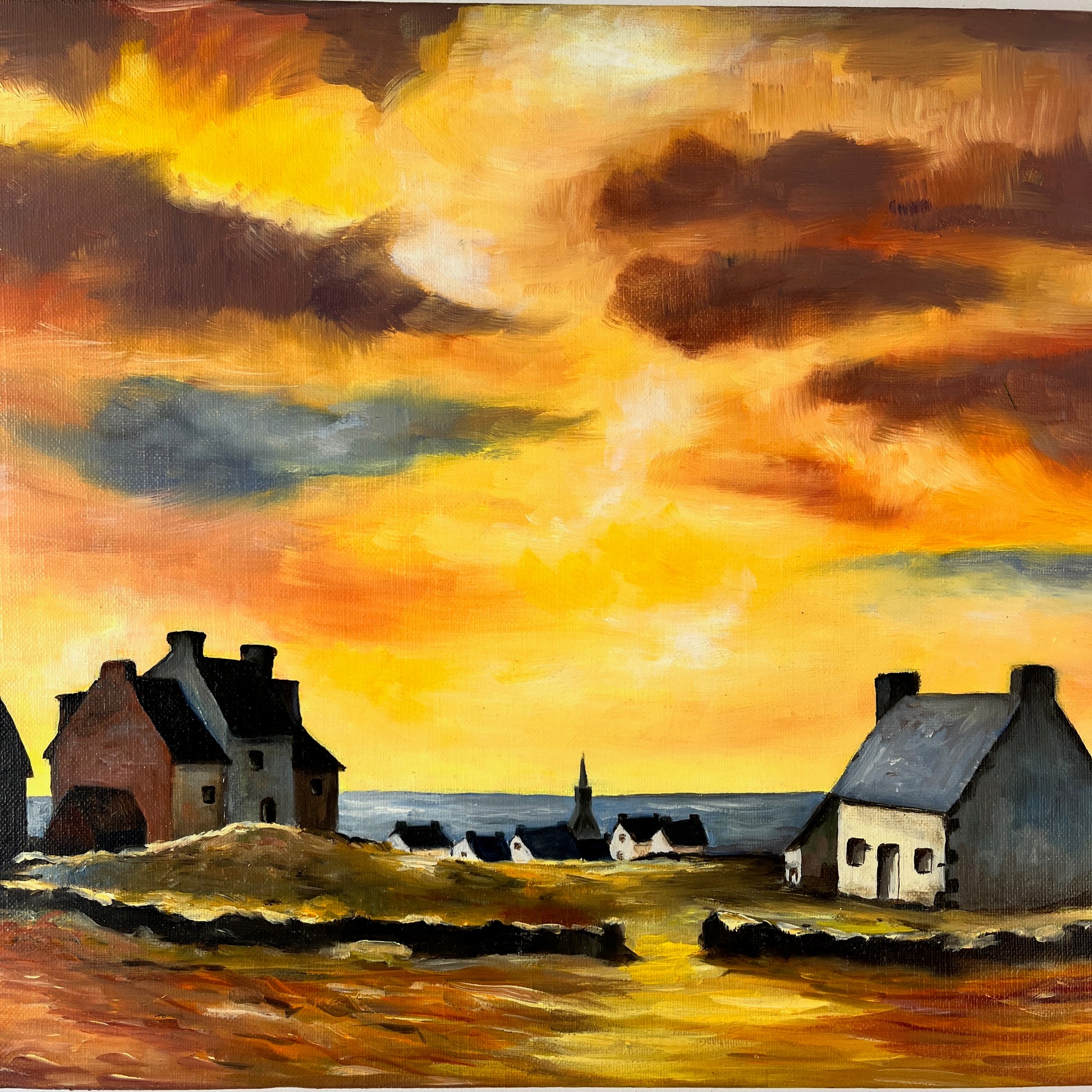 An oil on canvas painting depicting a vibrant Brittany sunset, with warm hues of orange, yellow, and blue blending into the horizon over a calm sea.