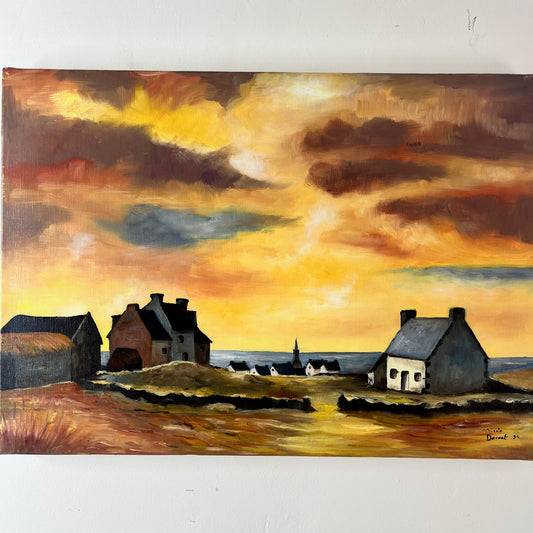 An oil on canvas painting depicting a vibrant Brittany sunset, with warm hues of orange, yellow, and blue blending into the horizon over a calm sea.