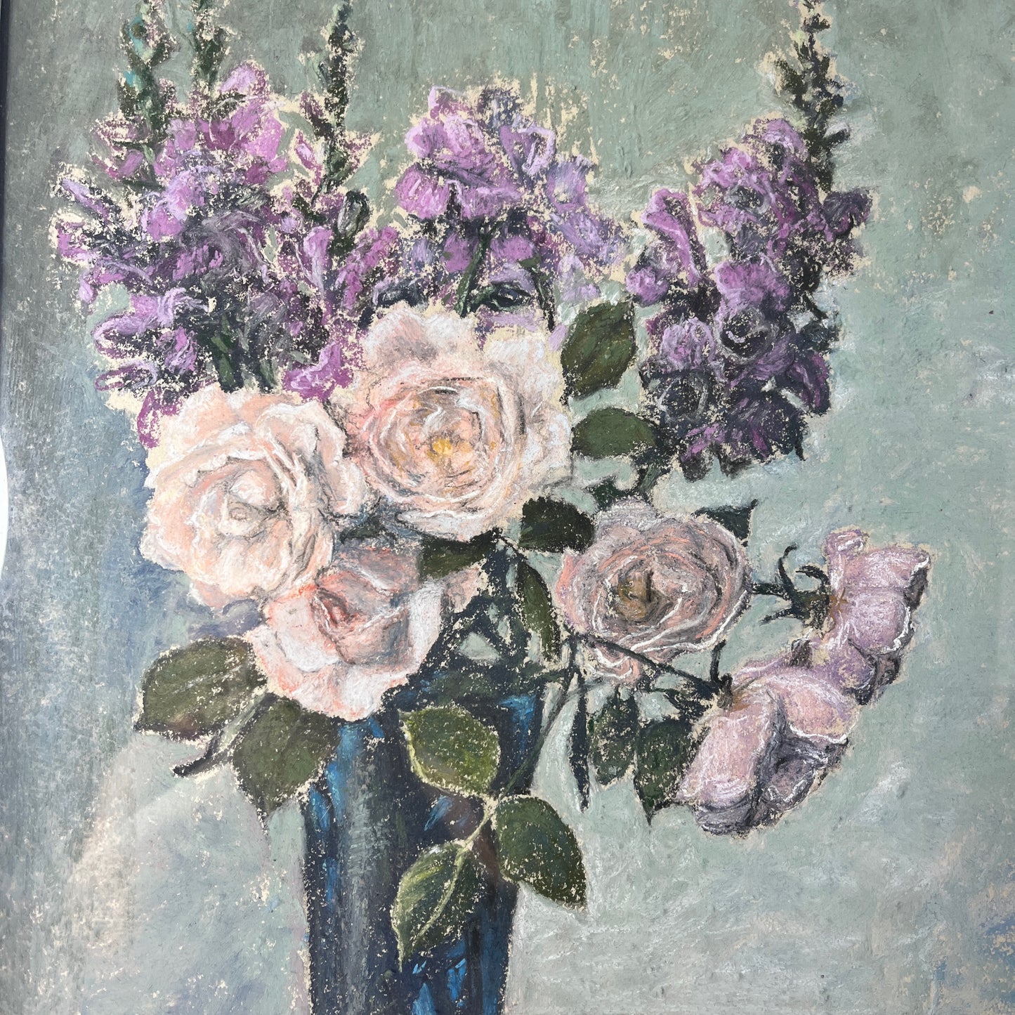 Painting of a bouquet of flowers with purple and pink flowers in a blue vase on a textured gray background.