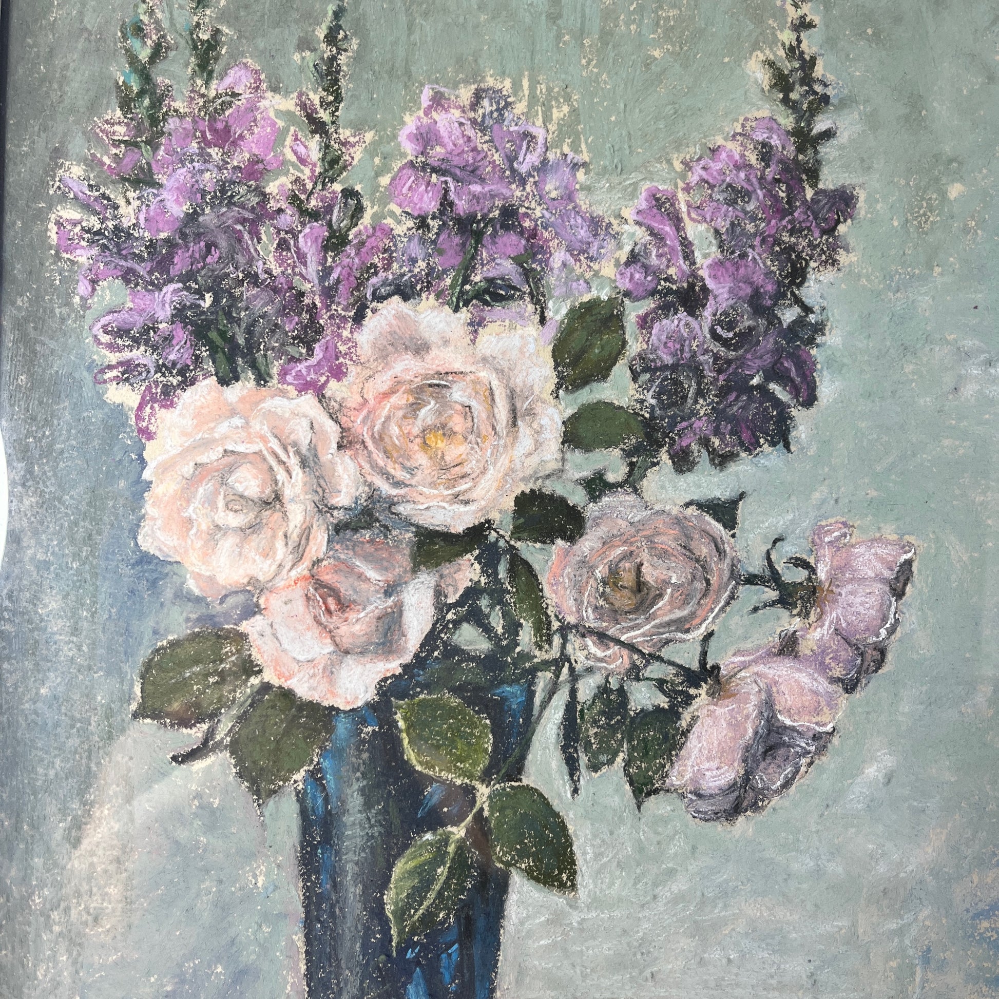 Painting of a bouquet of flowers with purple and pink flowers in a blue vase on a textured gray background.