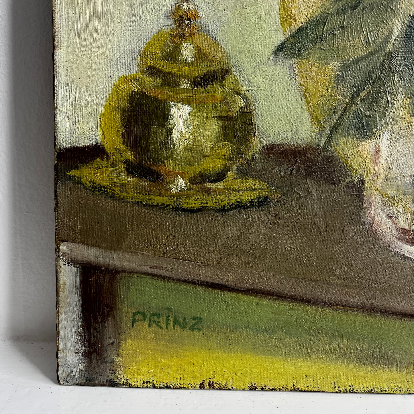 French-style still life painting of chrysanthemums arranged loosely in a vase, rendered in oil on board, with soft brushstrokes, muted tones, and a quiet, intimate atmosphere.