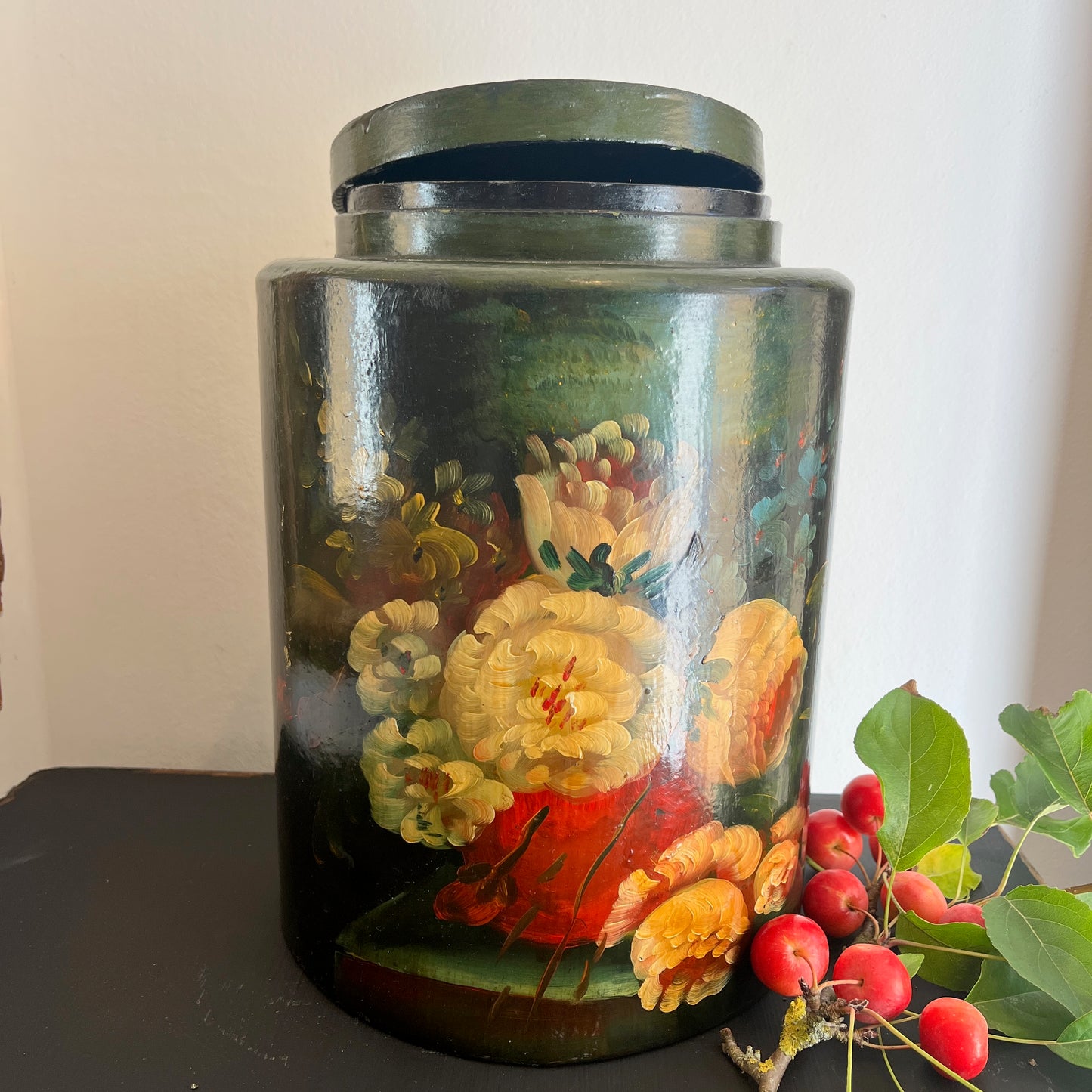 Vintage Tole Hand Painted Lidded Canister