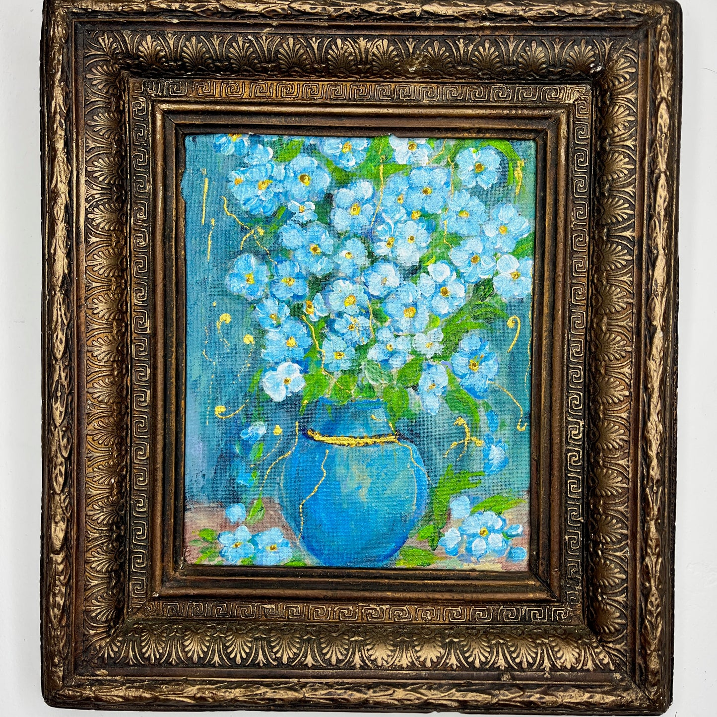 An oil on canvas painting featuring a vibrant bouquet of flowers, rendered in striking turquoise hues with accents of green and gold in a blue vase.