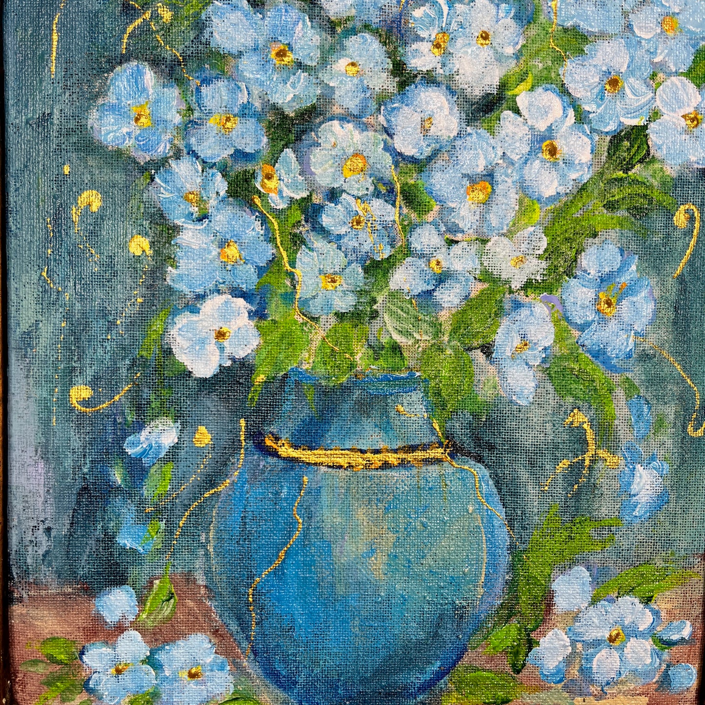 An oil on canvas painting featuring a vibrant bouquet of flowers, rendered in striking turquoise hues with accents of green and gold in a blue vase.