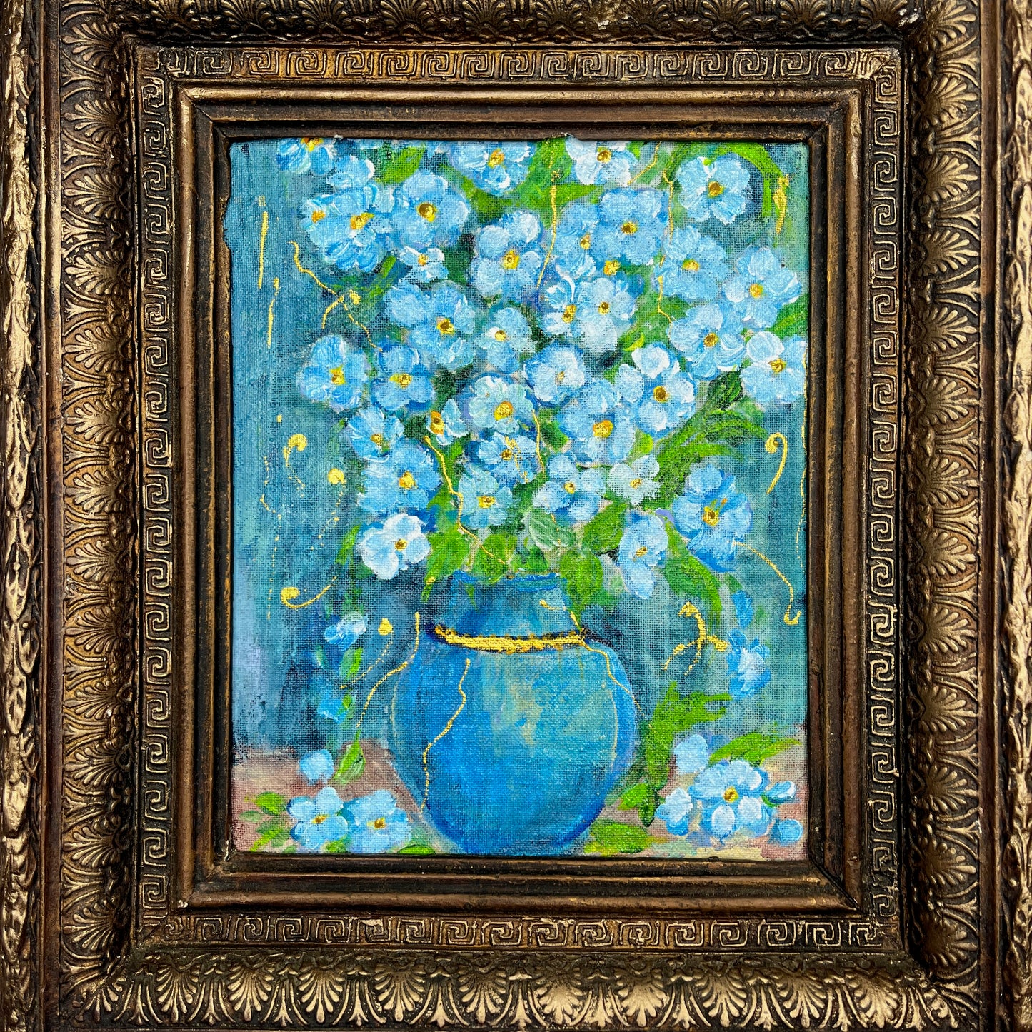 An oil on canvas painting featuring a vibrant bouquet of flowers, rendered in striking turquoise hues with accents of green and gold in a blue vase.