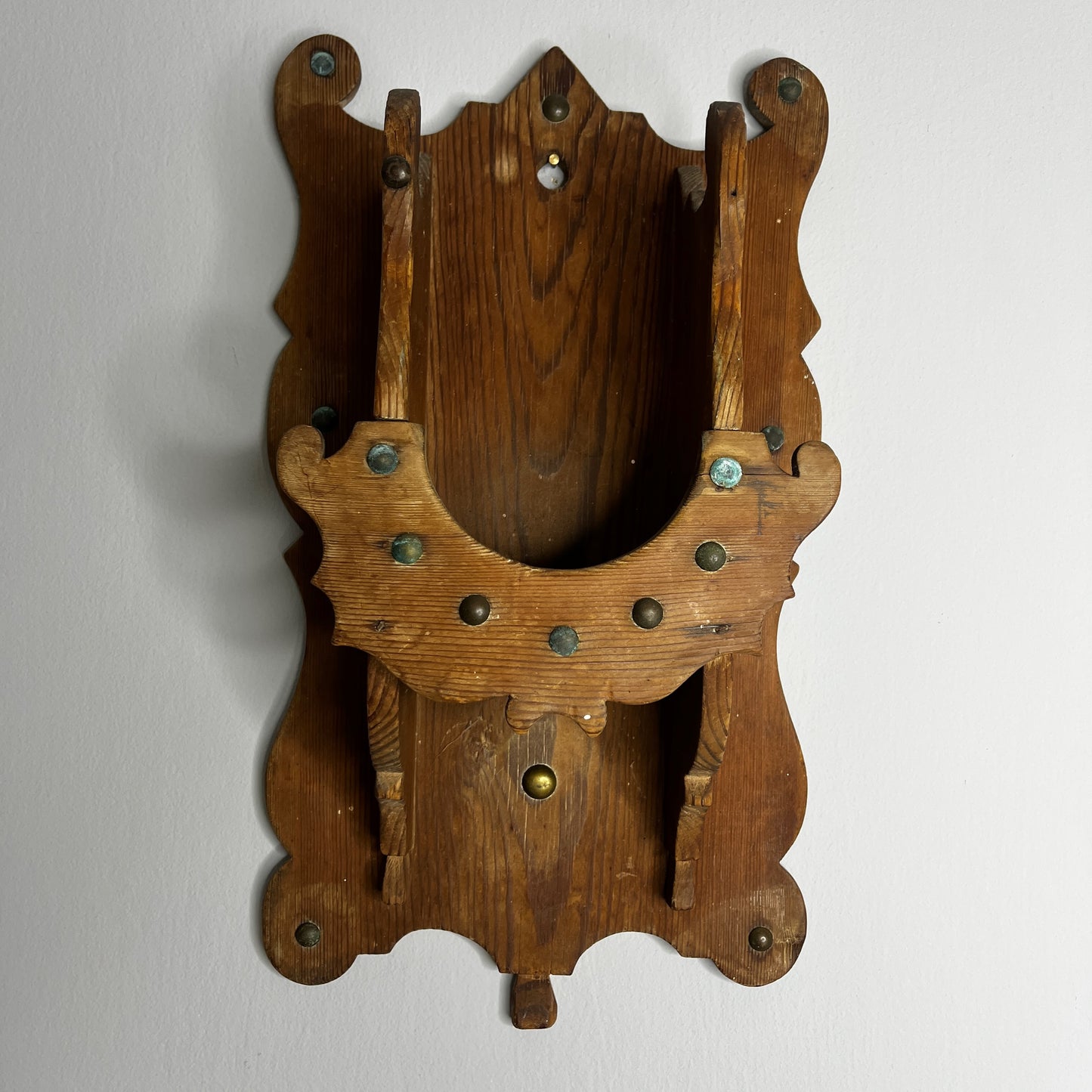 Antique Brass Mortar and Pestle on a Carved Wooden Wall Bracket