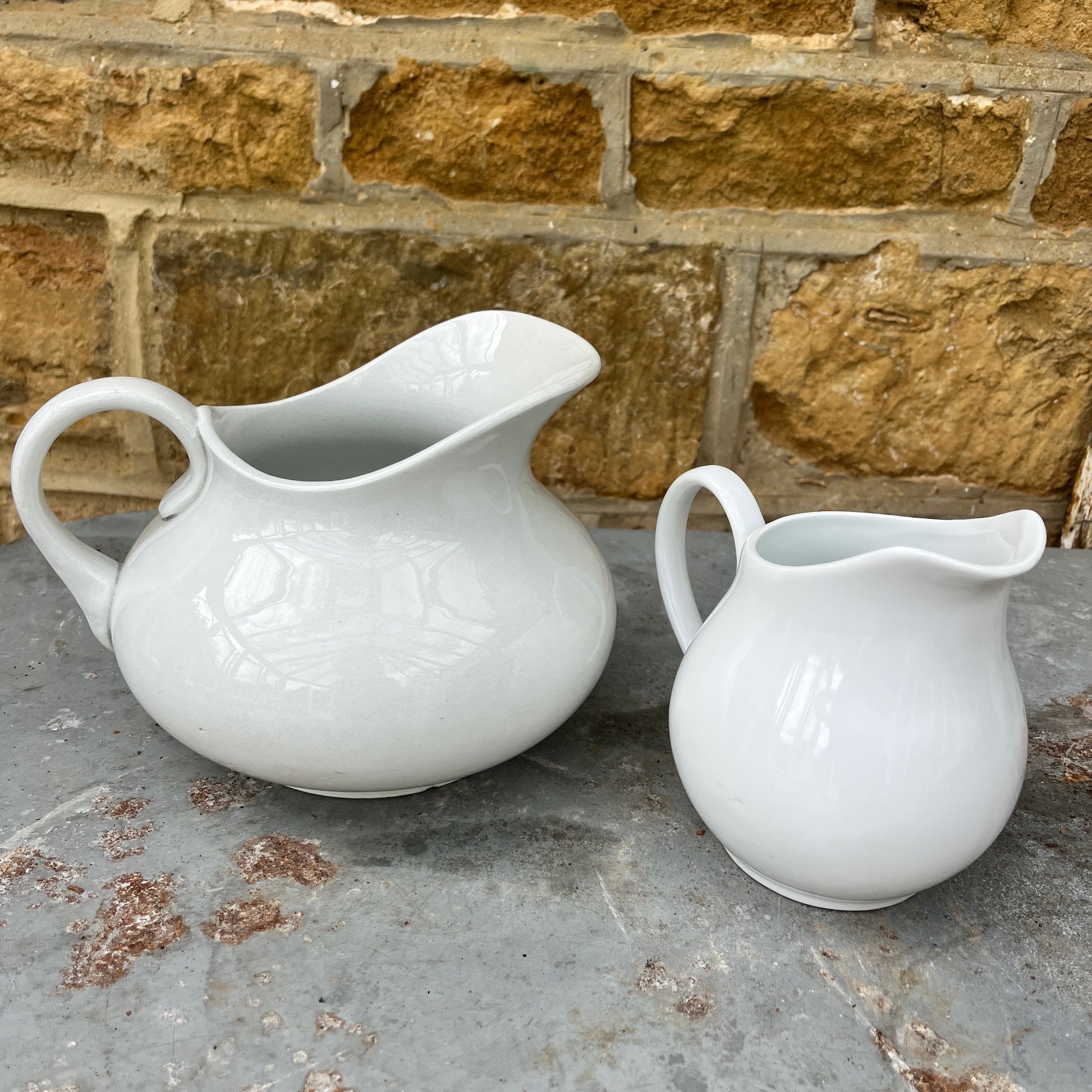 Two white ceramic pitchers or jugs - french - vintage