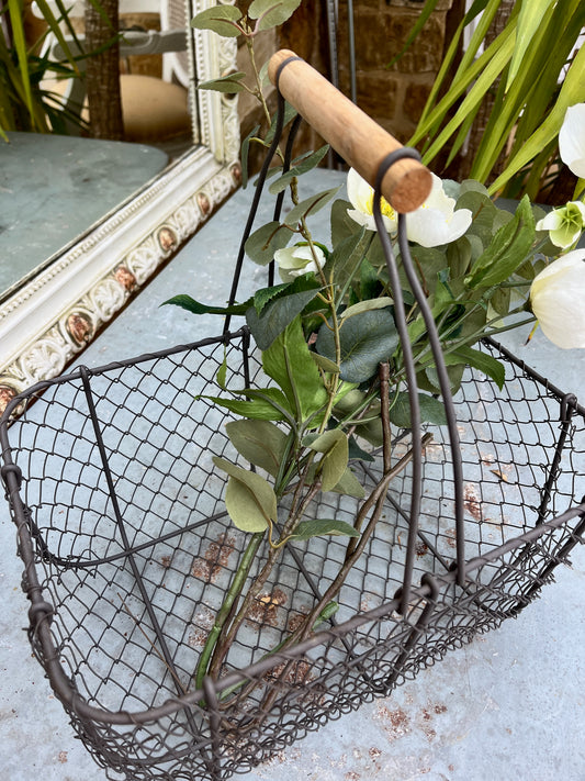 A rustic wire basket with a sturdy, woven metal frame, featuring a natural wooden handle across the top. The open, grid-like design of the basket reveals its contents, exuding a simple, farmhouse charm.