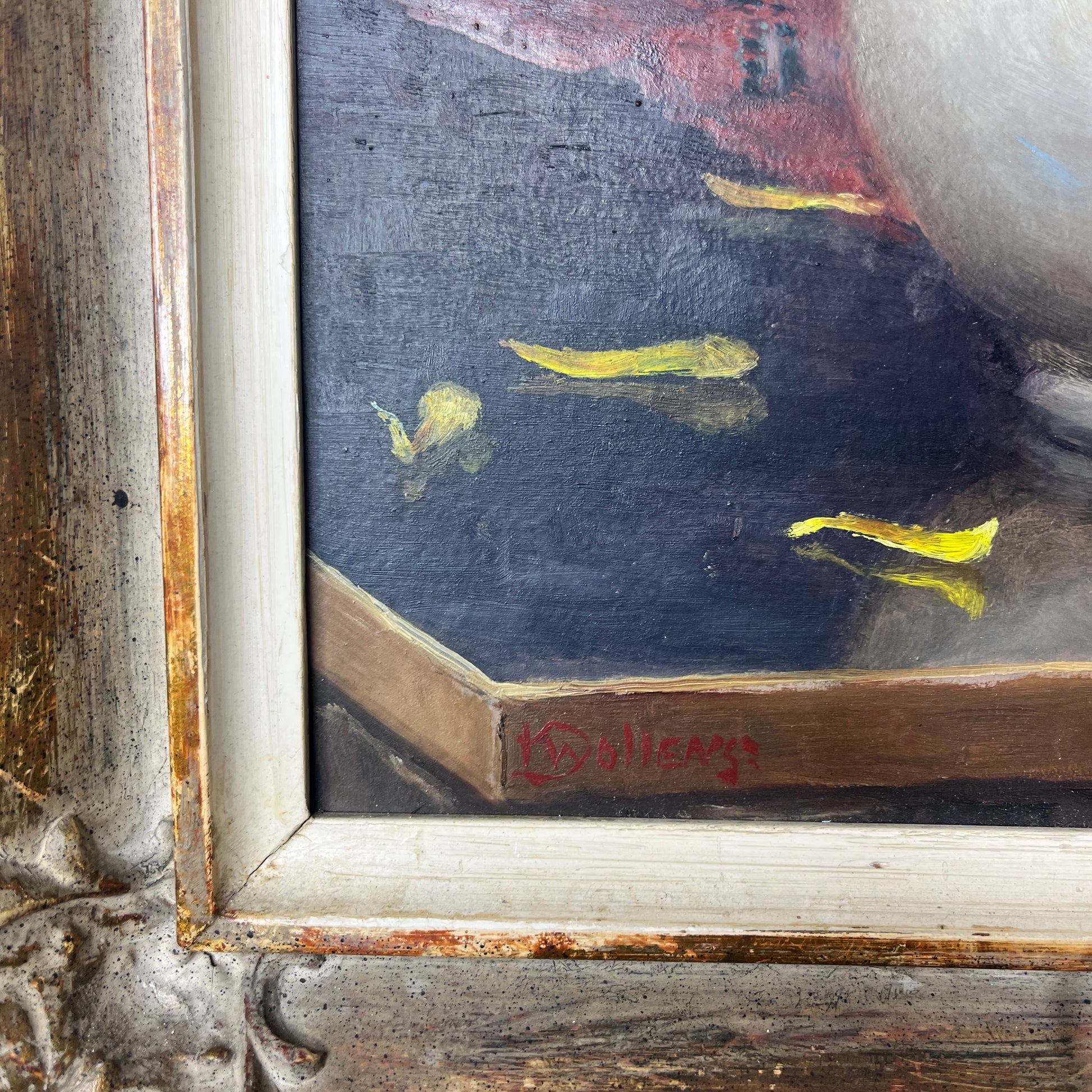 A vintage still life oil on board painting depicting a delicate bouquet of blooming yellow chrysanthemums in a grey vase, set against a softly lit table with subtle shadows and aged patina.