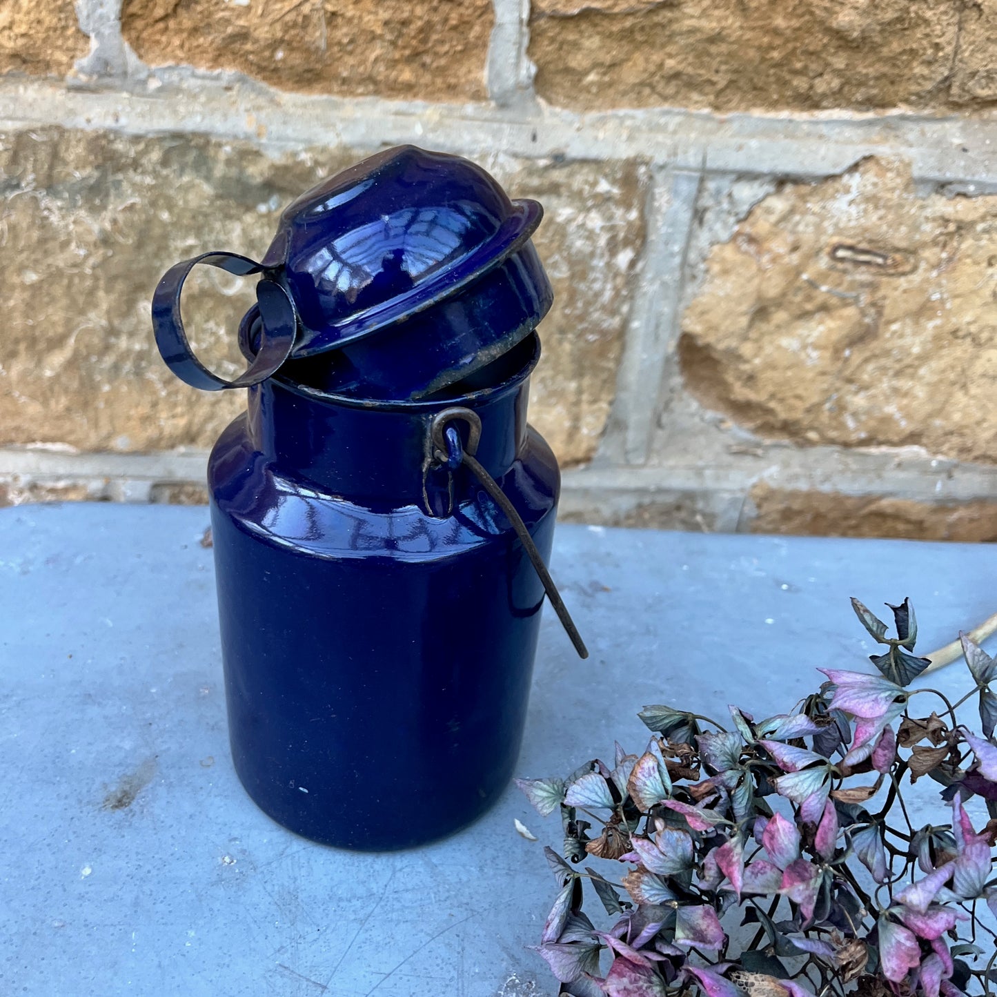 Vintage blue enamel billy can with separate mug